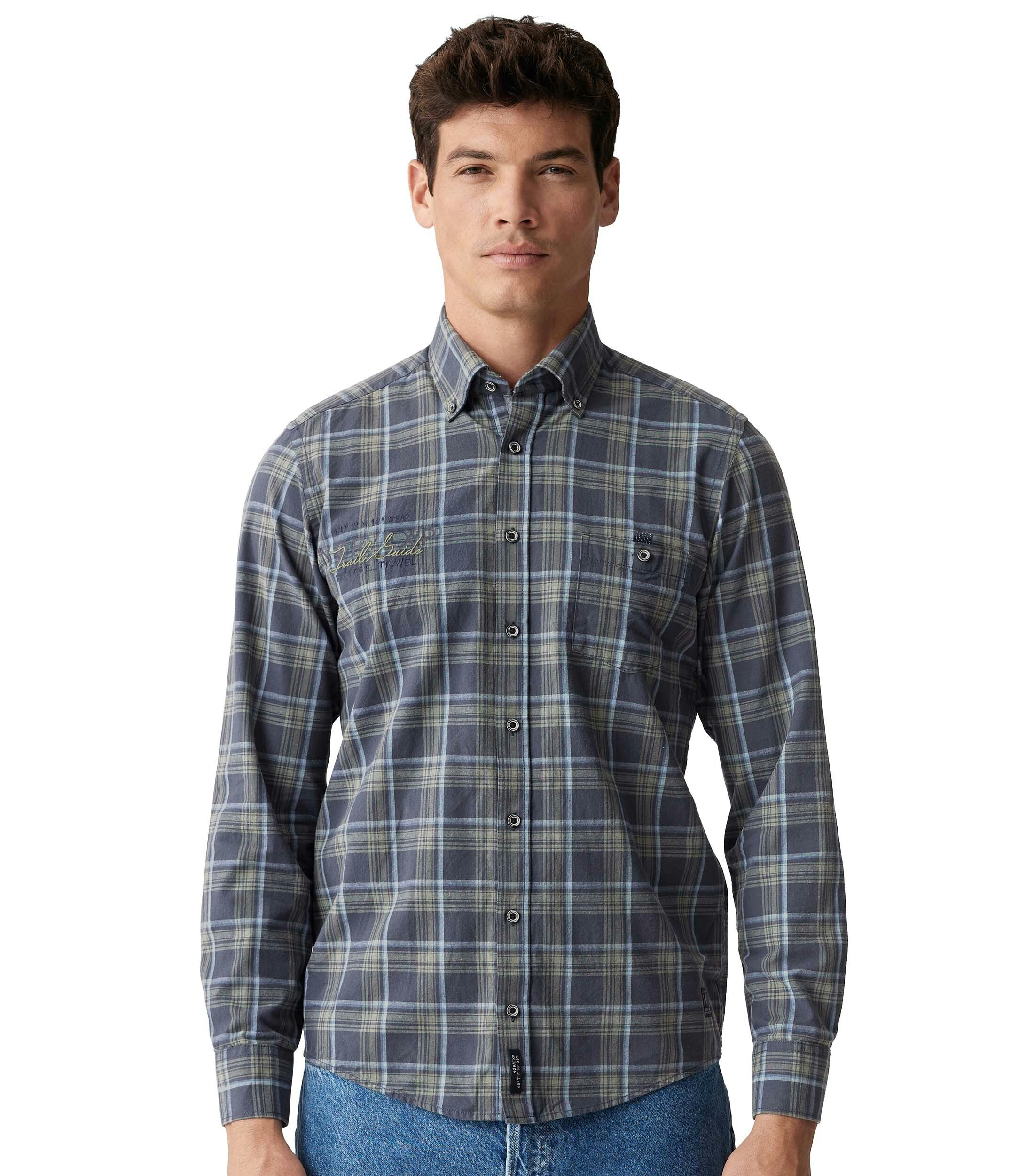 Ein Freizeithemd im kariert Muster in der Farbe graues Dunkelblau