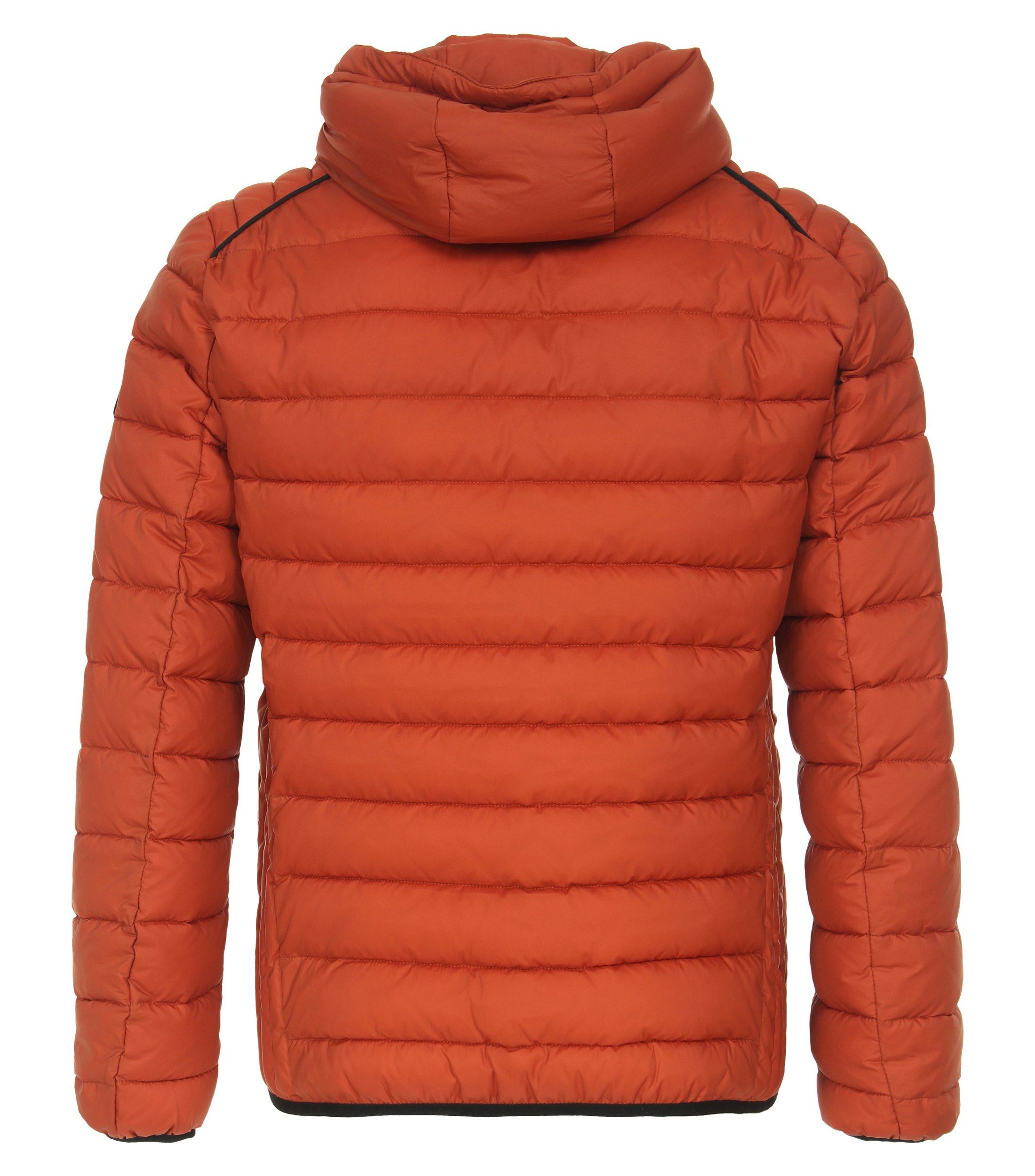 Das Model trägt eine Jacke im uni Muster in der Farbe Dunkelorange