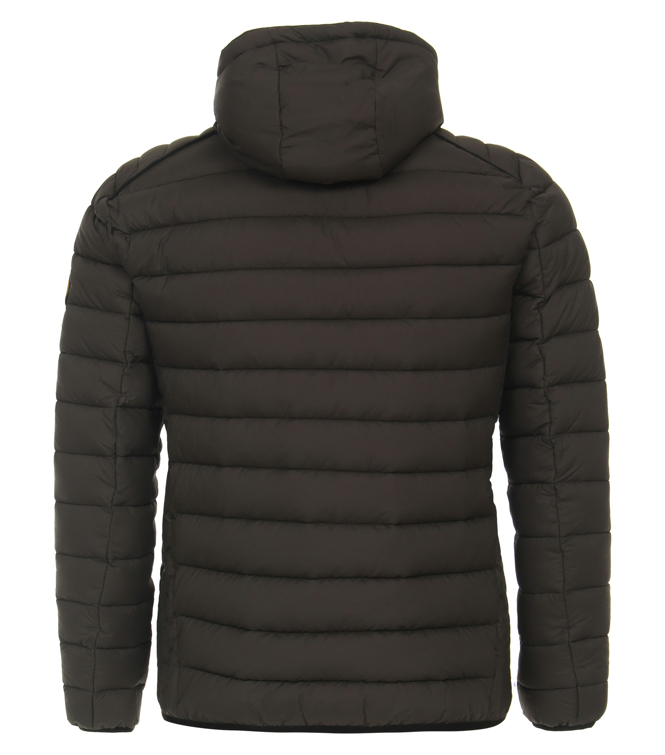 Das Model trägt eine Jacke im uni Muster in der Farbe Dunkelgrün