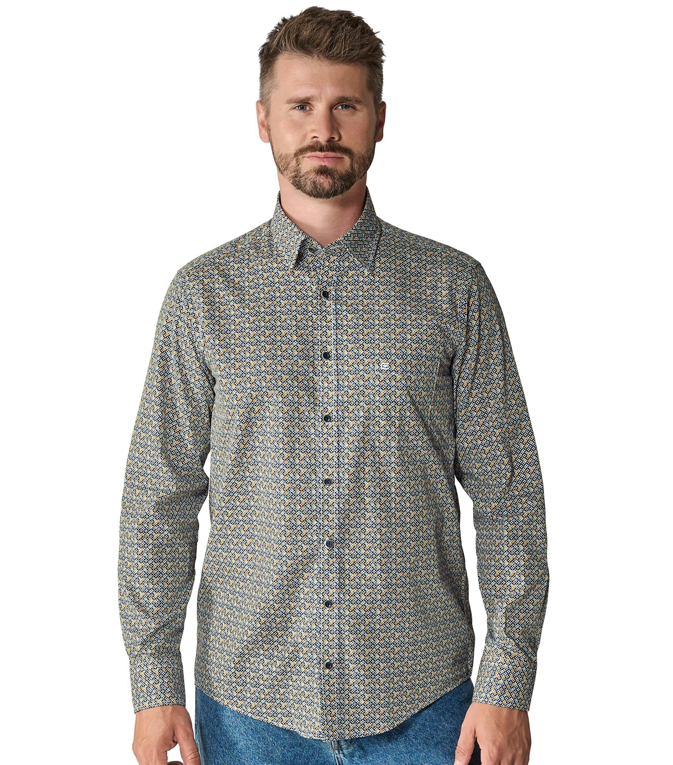 Ein Freizeithemd im Print Muster in der Farbe Senfgelb