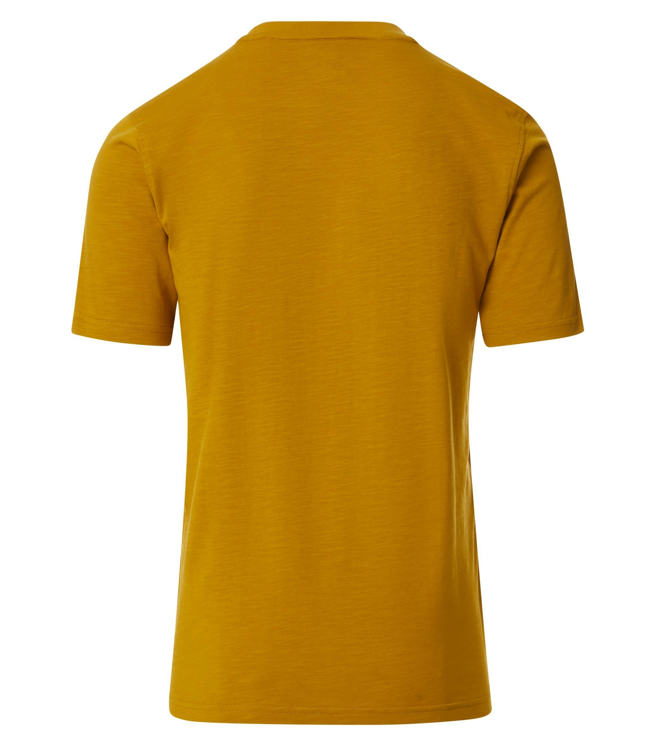 Das Model trägt ein TShirt im uni Muster in der Farbe Senfgelb