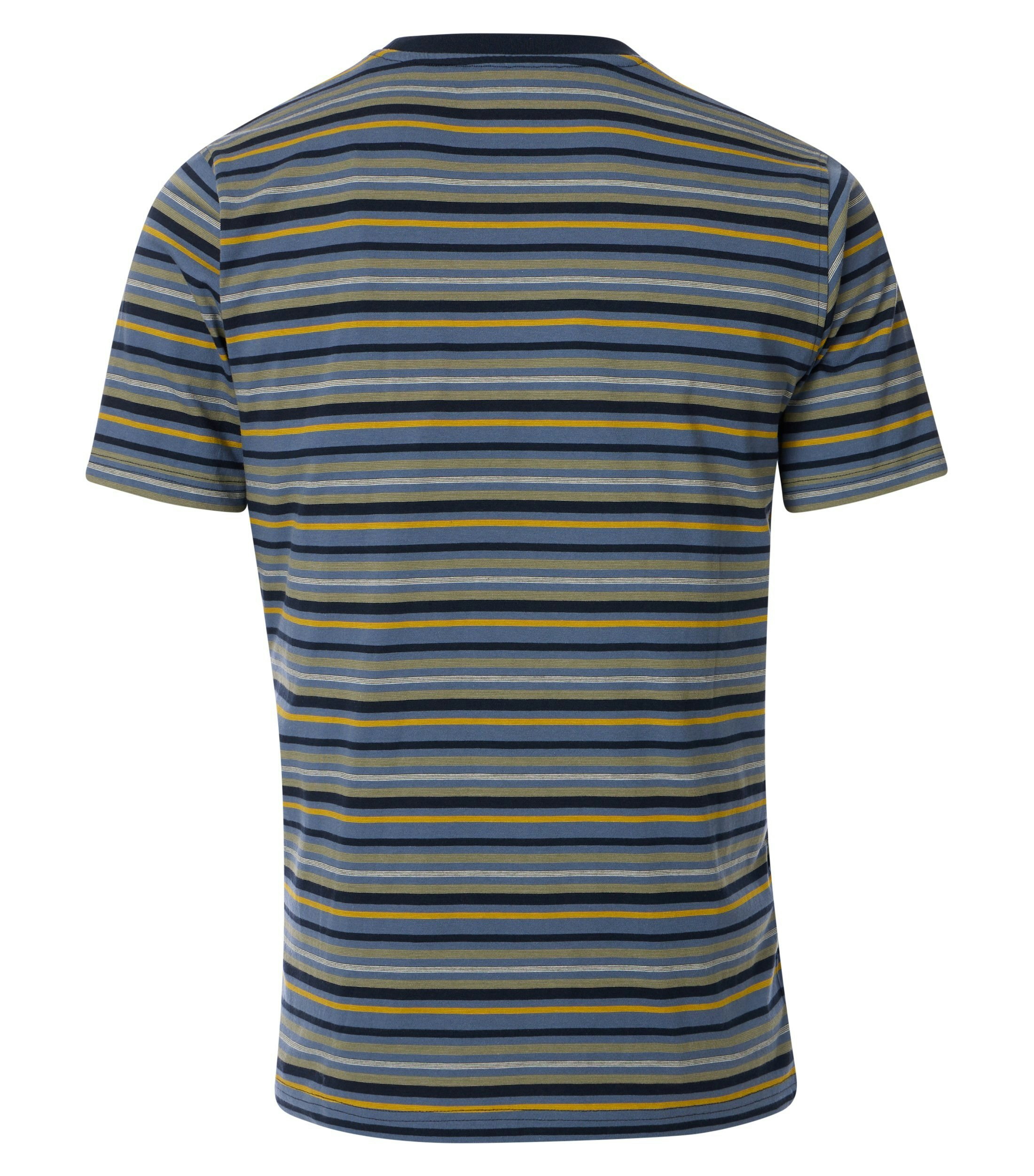 Das Model trägt ein TShirt im gestreift Muster in der Farbe Grünblau