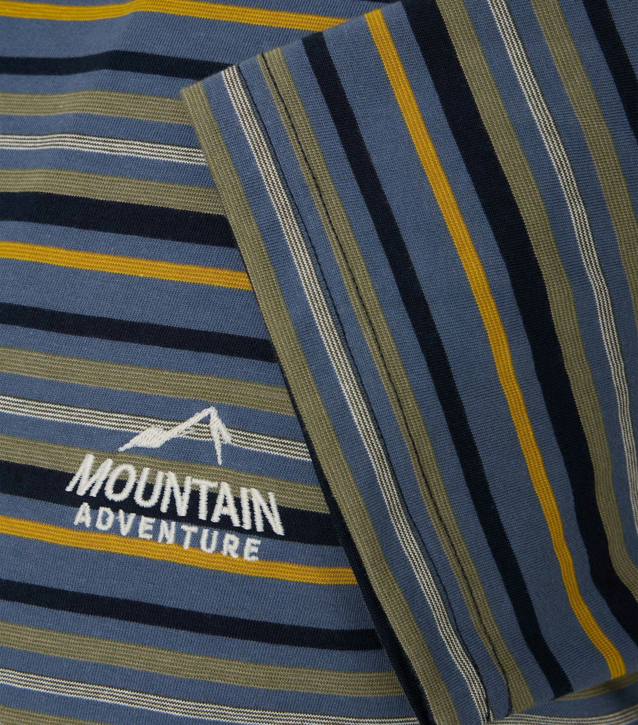 Das Model trägt ein TShirt im gestreift Muster in der Farbe Grünblau