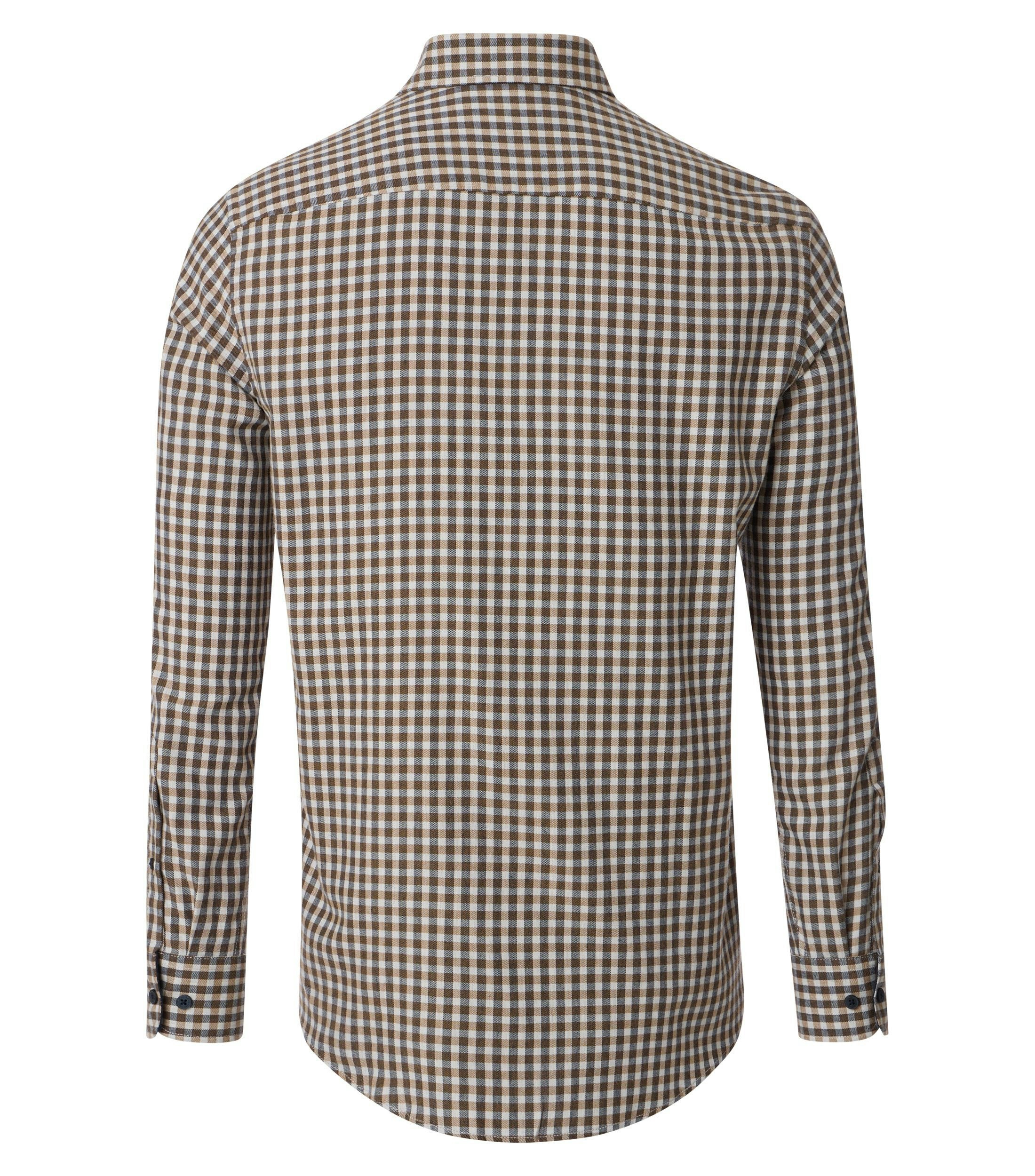 Das Model trägt ein Freizeithemd im kariert Muster in der Farbe Beige