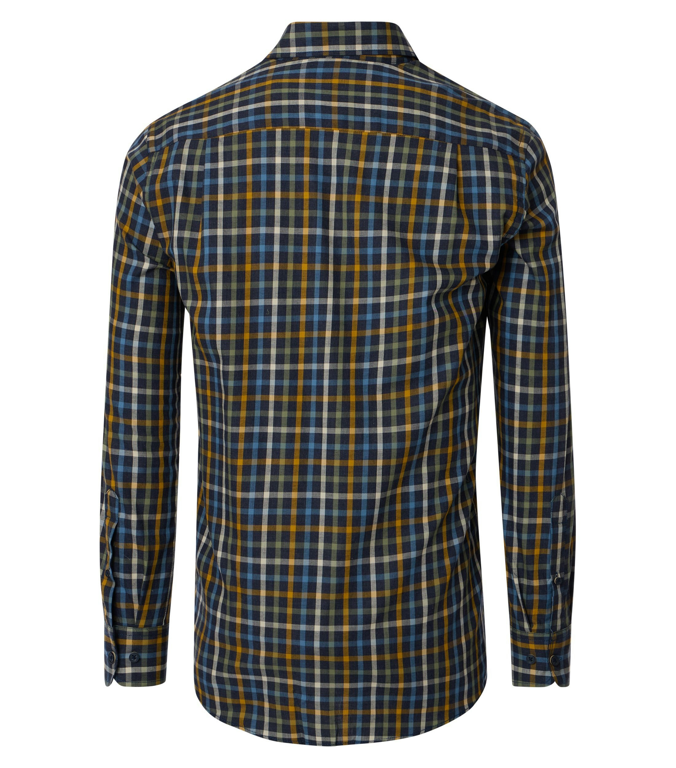 Das Model trägt ein Freizeithemd im kariert Muster in der Farbe Blau