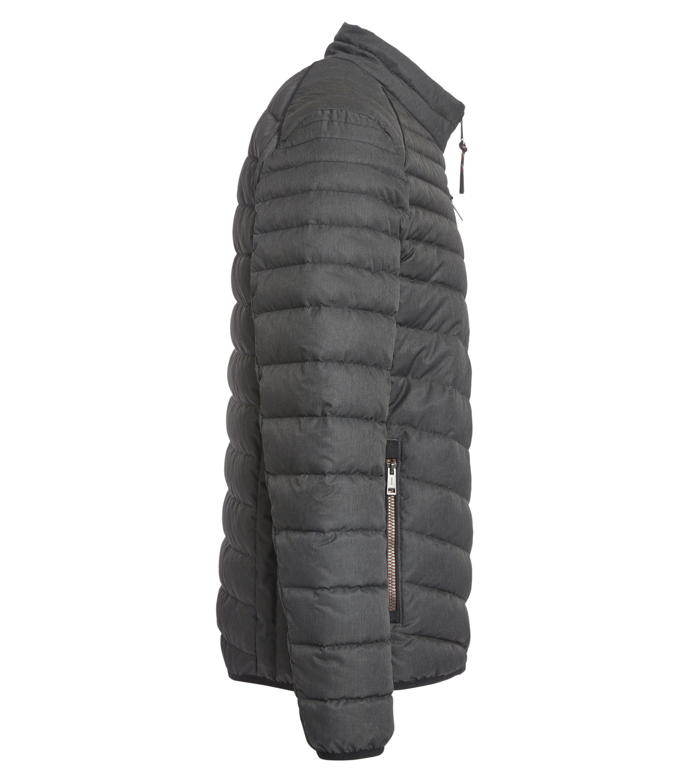 Das Model trägt eine Jacke im uni Muster in der Farbe Dunkelgrau