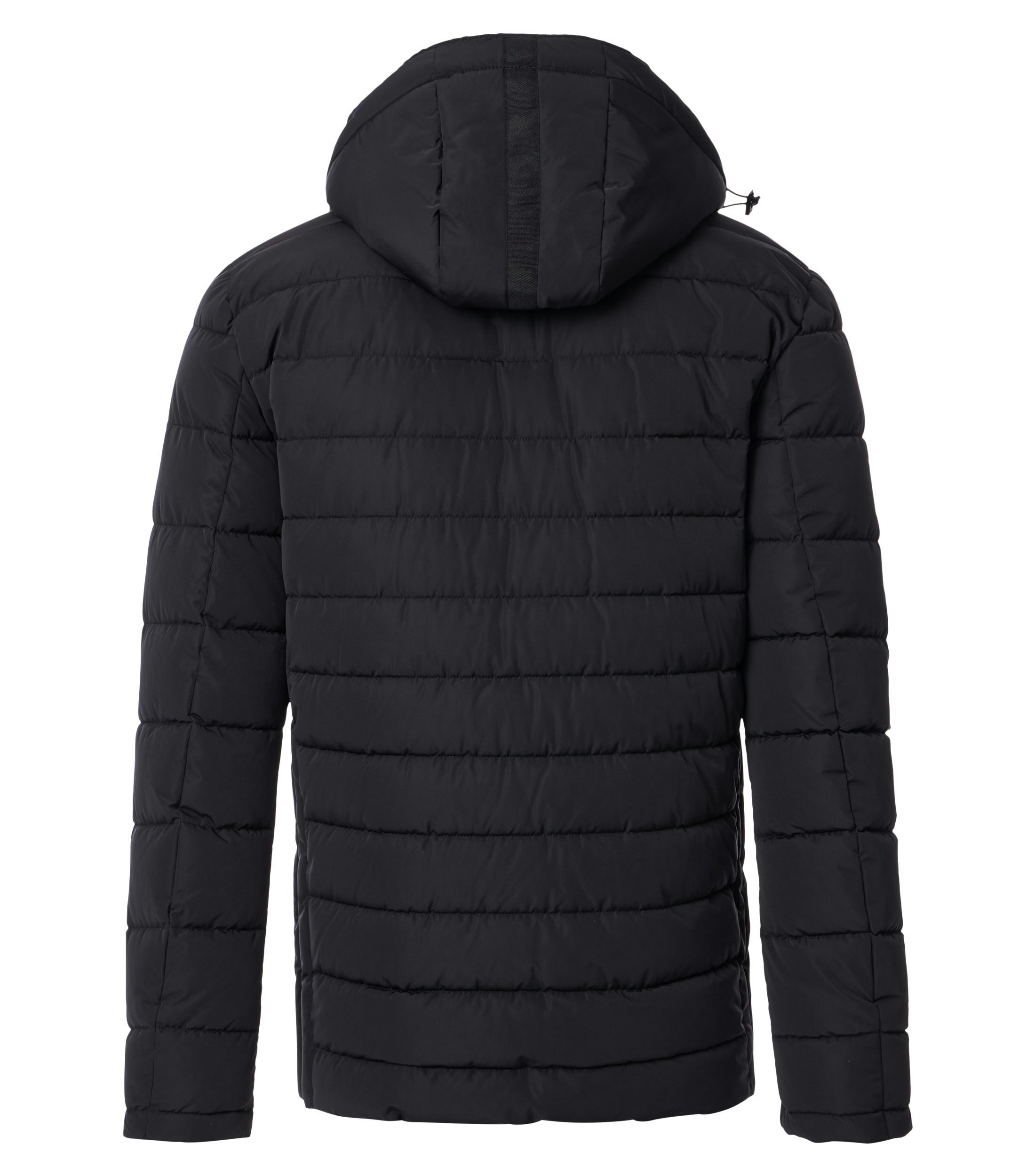 Das Model trägt eine Jacke im uni Muster in der Farbe Schwarz