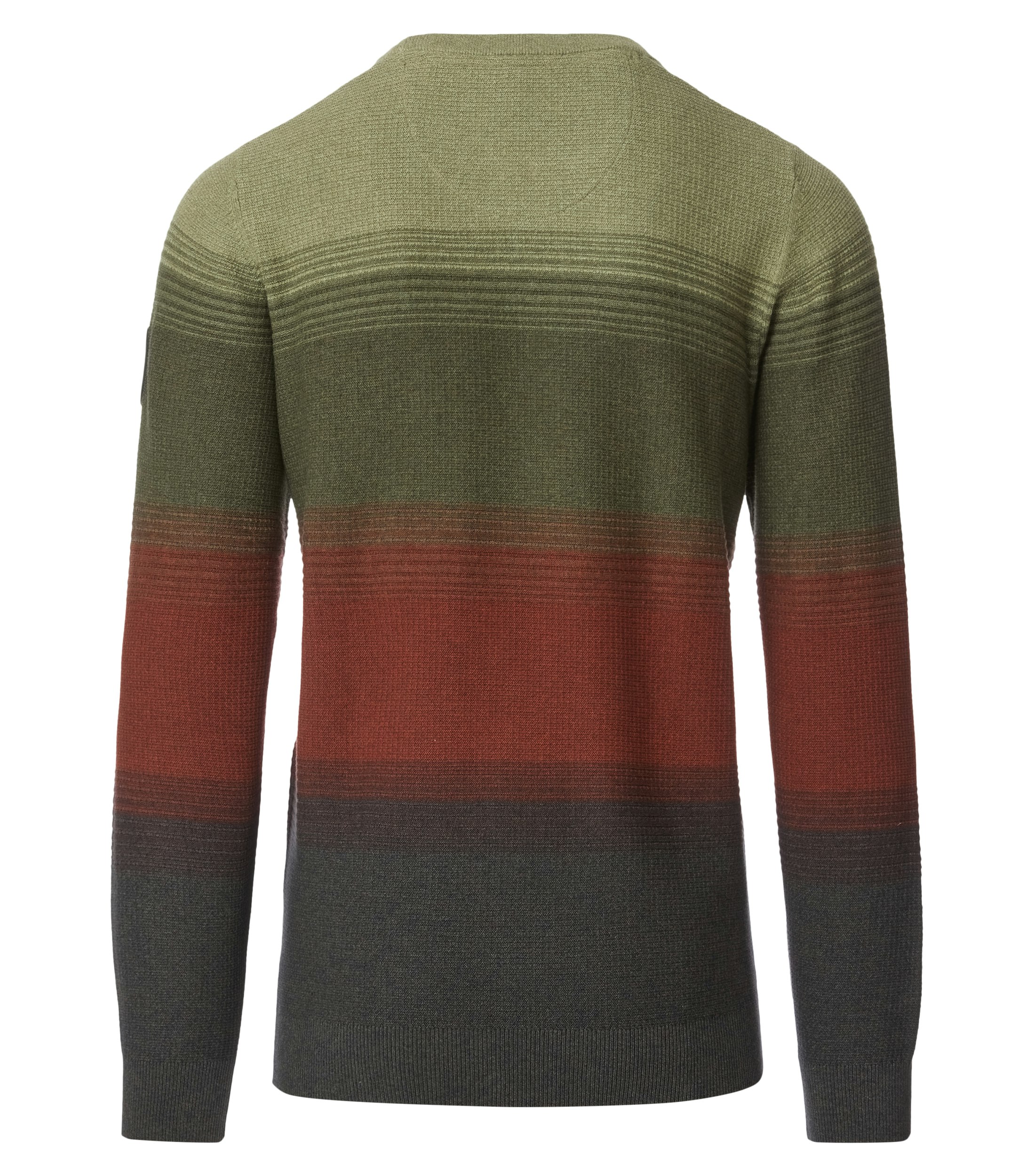 Das Model trägt ein Pullover im gestreift Muster in der Farbe Dunkelgrün