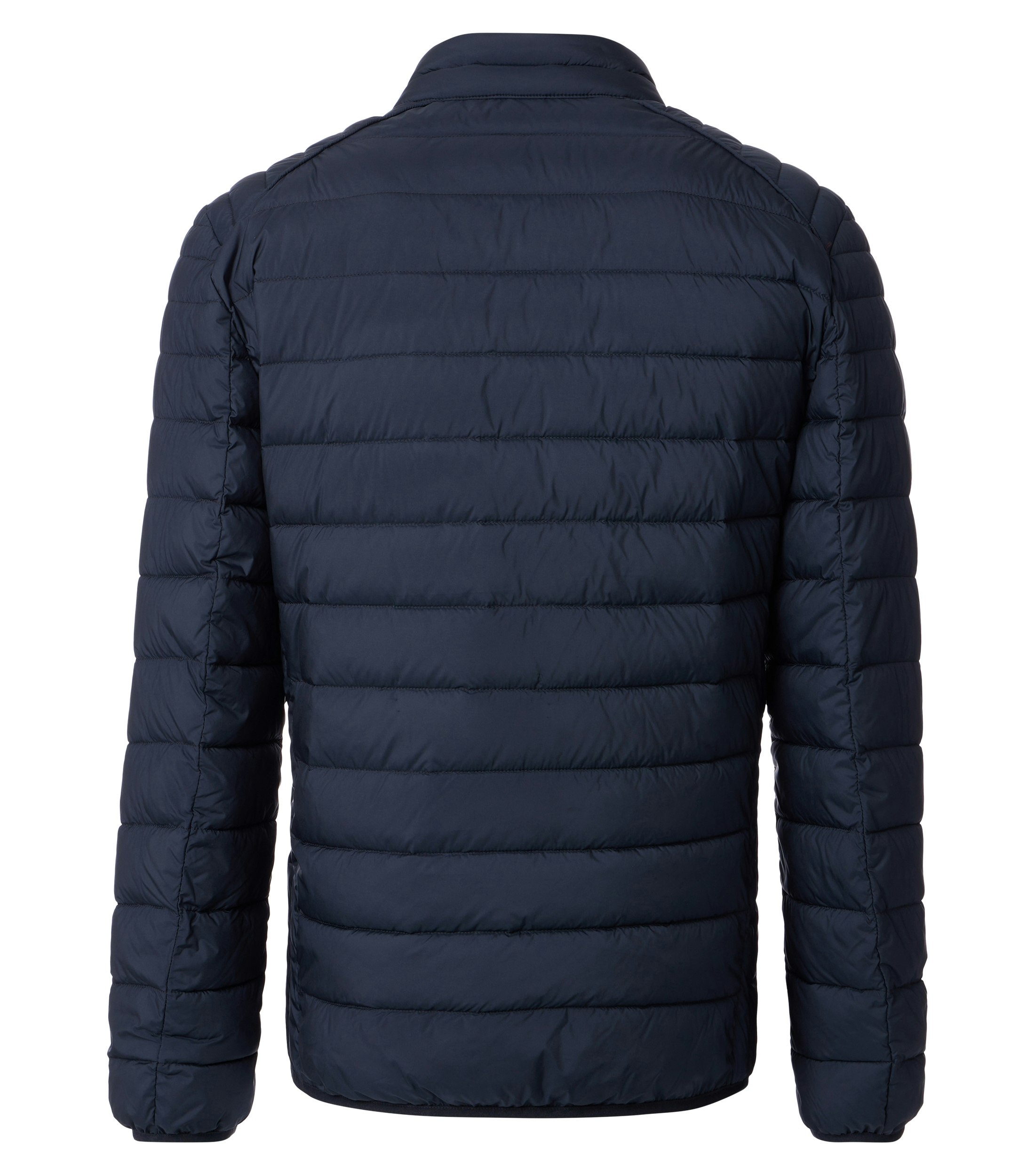 Das Model trägt eine Jacke im uni Muster in der Farbe Dunkelblau