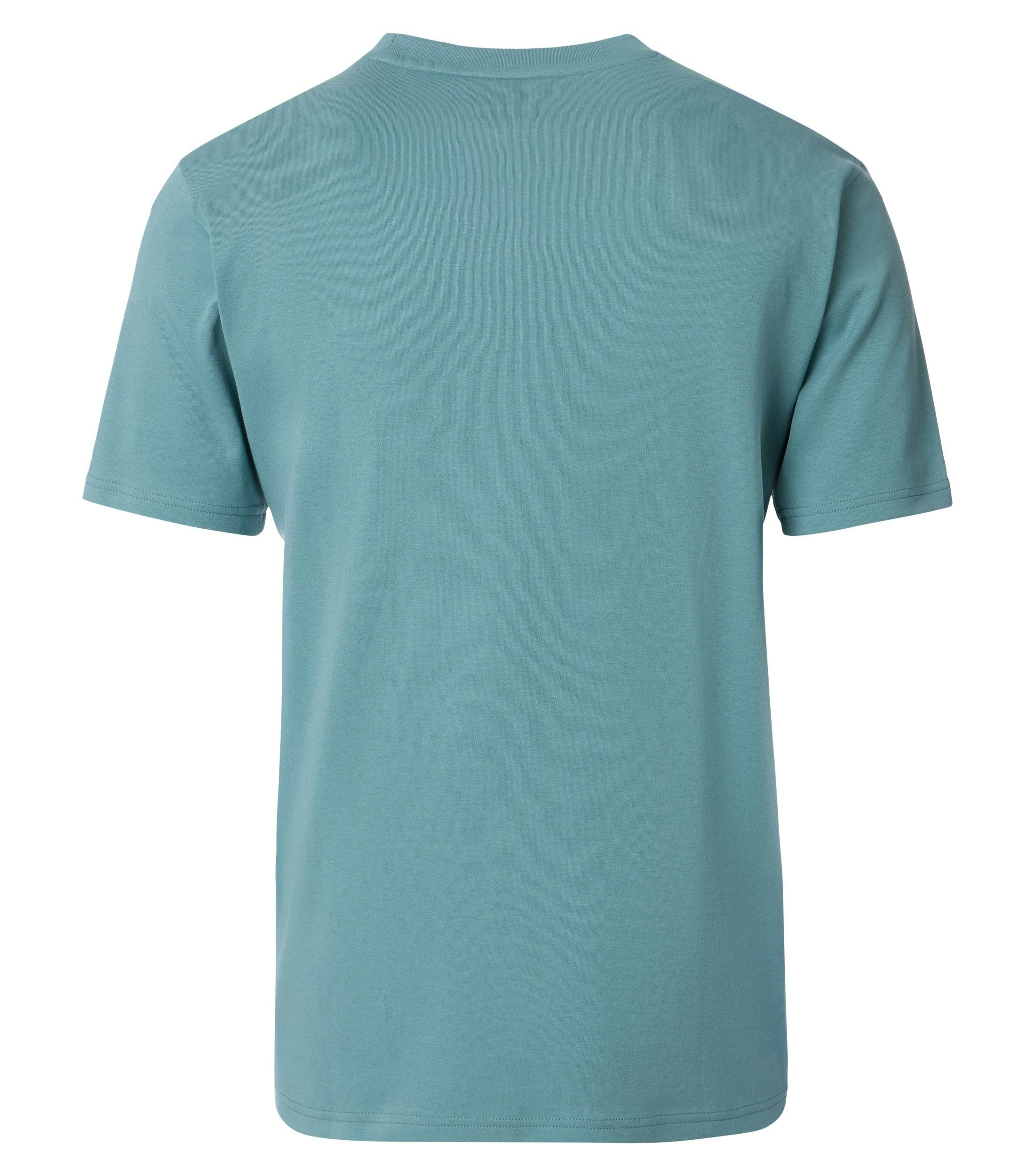 Das Model trägt ein TShirt im uni Muster in der Farbe Türkis