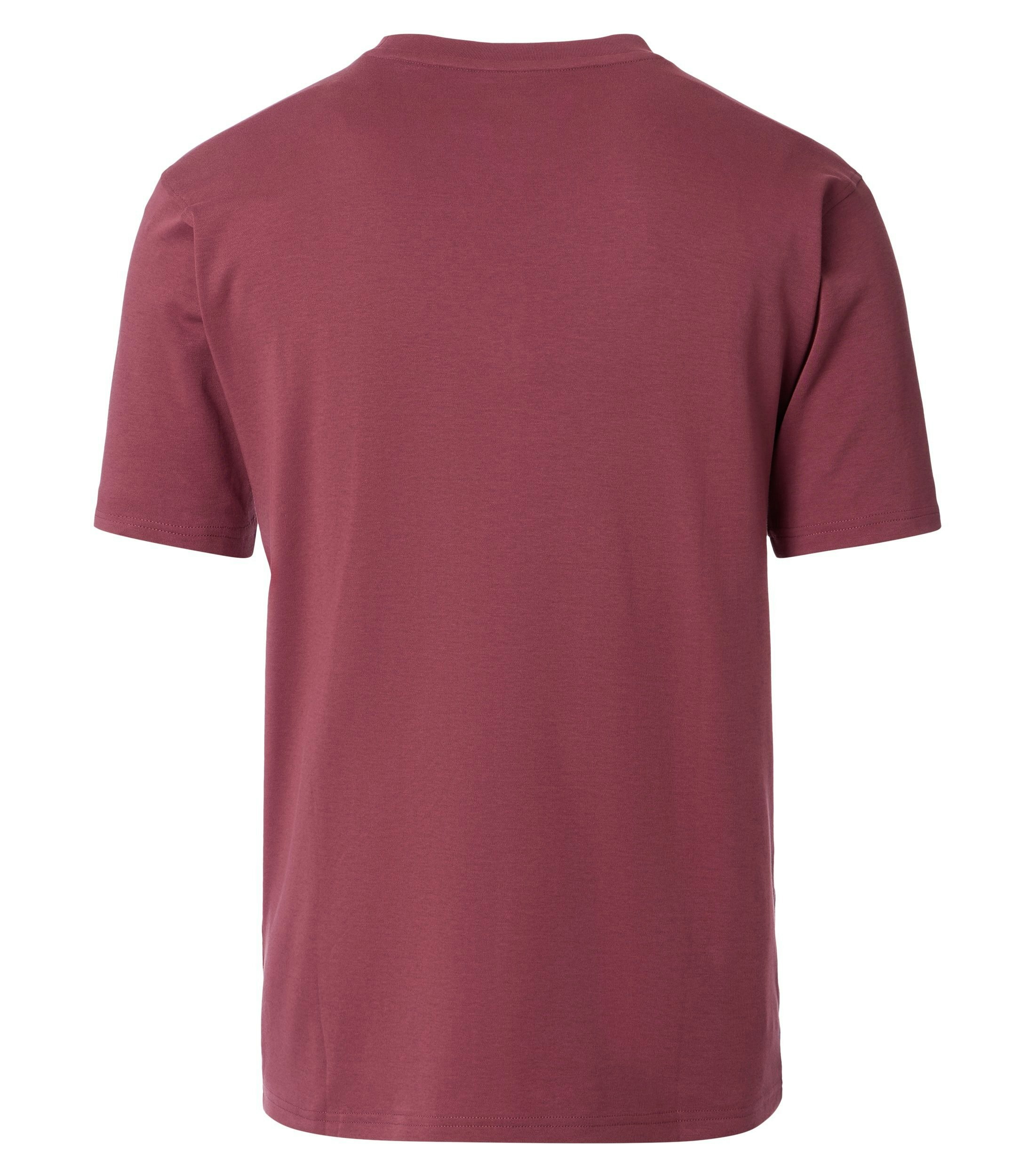 Das Model trägt ein TShirt im uni Muster in der Farbe Rot