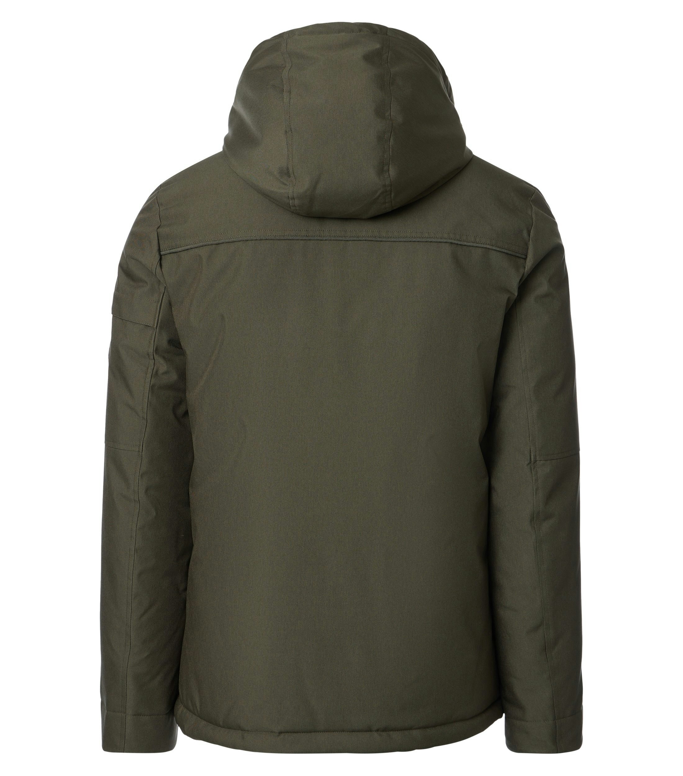 Das Model trägt eine Jacke im uni Muster in der Farbe DunkelgrÃ¼n