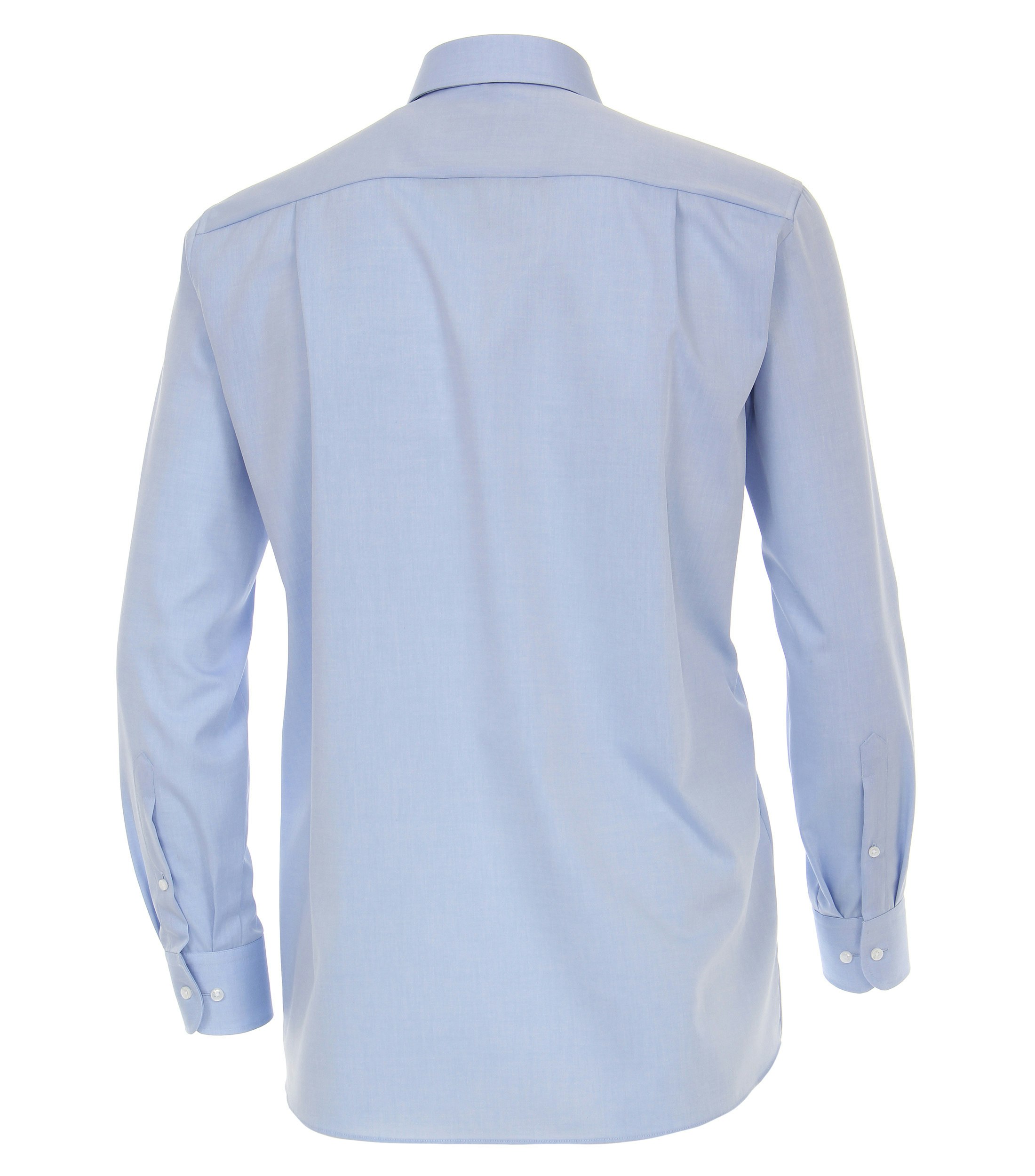 Das Model trägt ein Businesshemd im uni Muster in der Farbe Azurblau