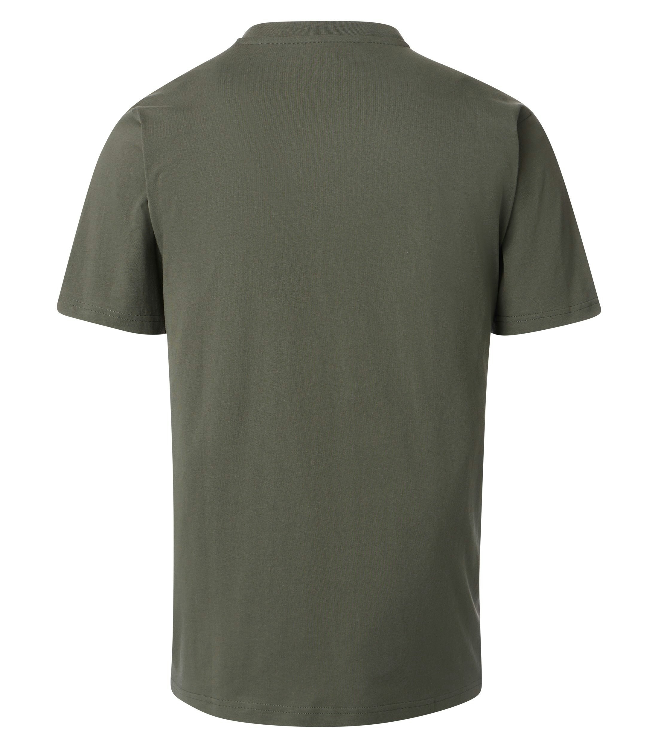 Das Model trägt ein TShirt im uni Muster in der Farbe Olive