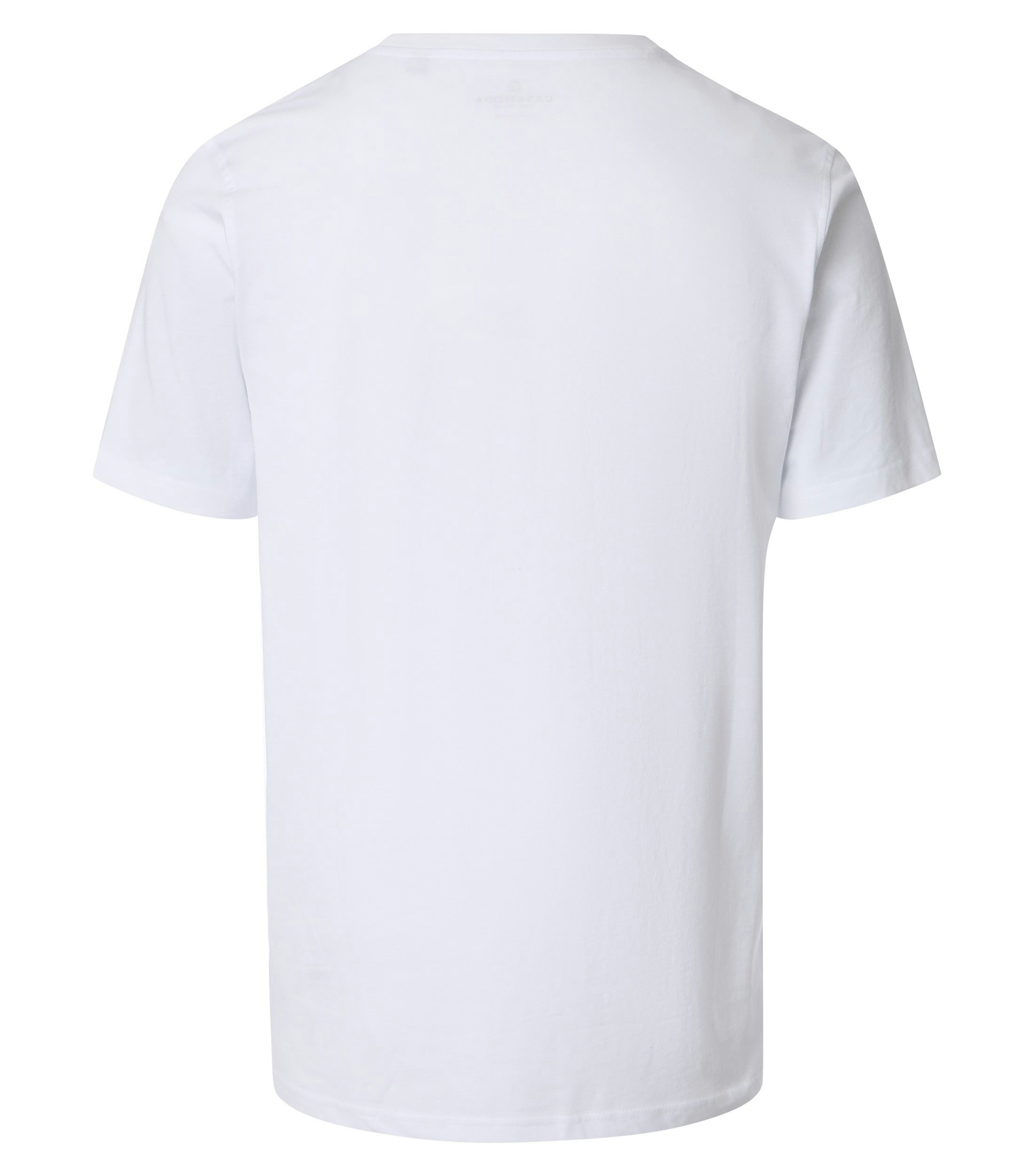Das Model trägt ein TShirt im uni Muster in der Farbe Weiß