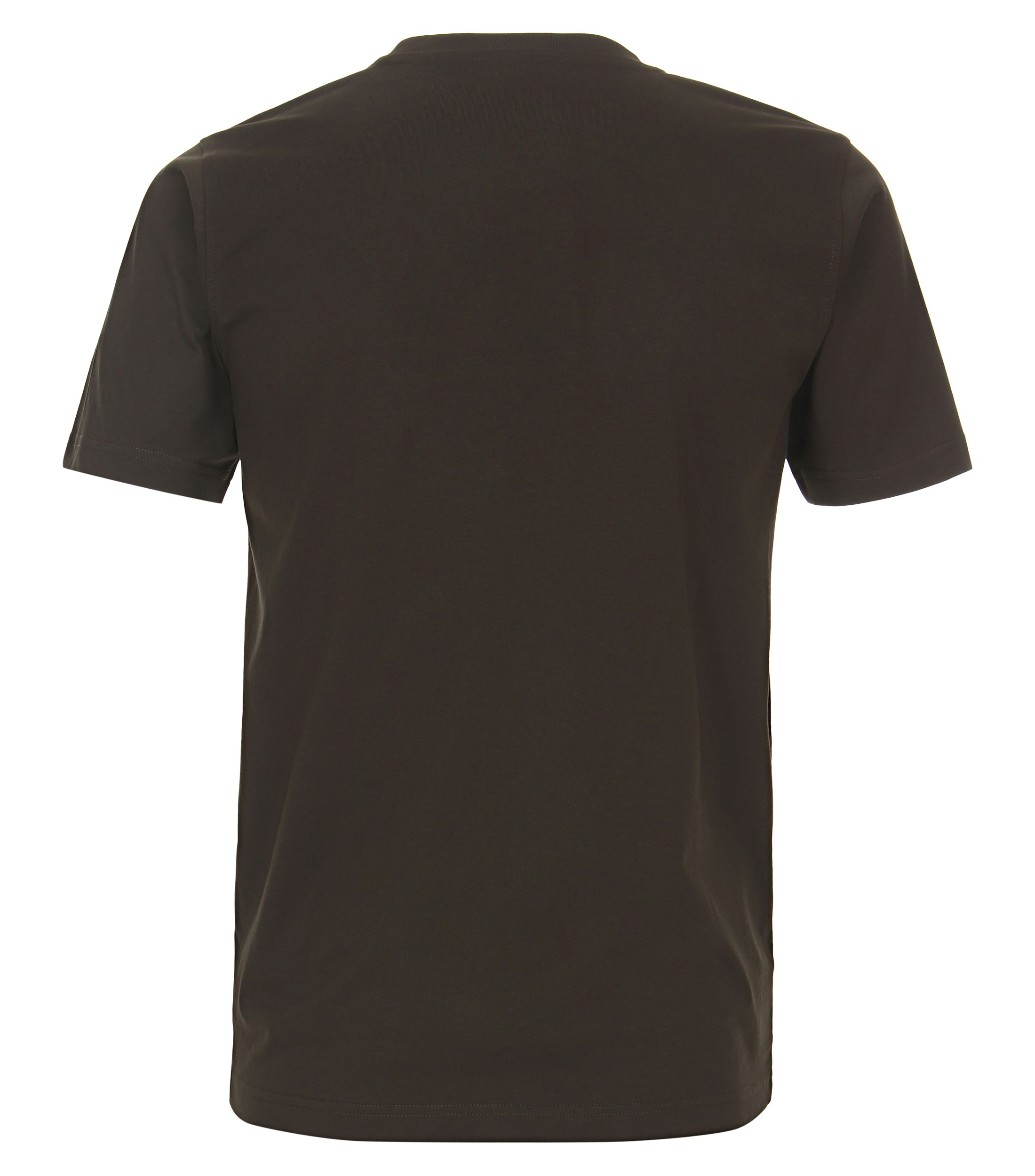 Das Model trägt ein TShirt im uni Muster in der Farbe Kastanienbraun