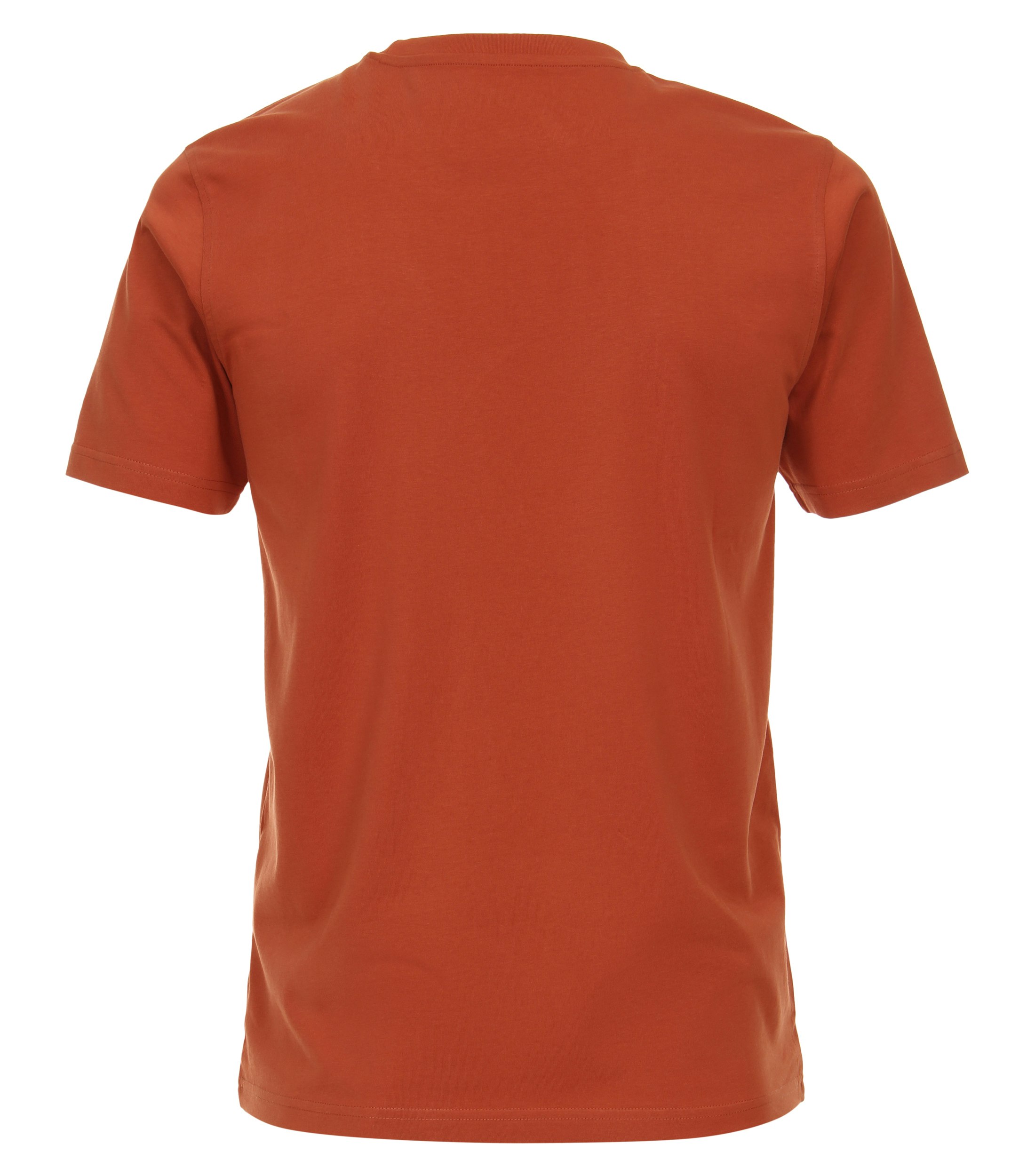 Das Model trägt ein TShirt im uni Muster in der Farbe Dunkelorange
