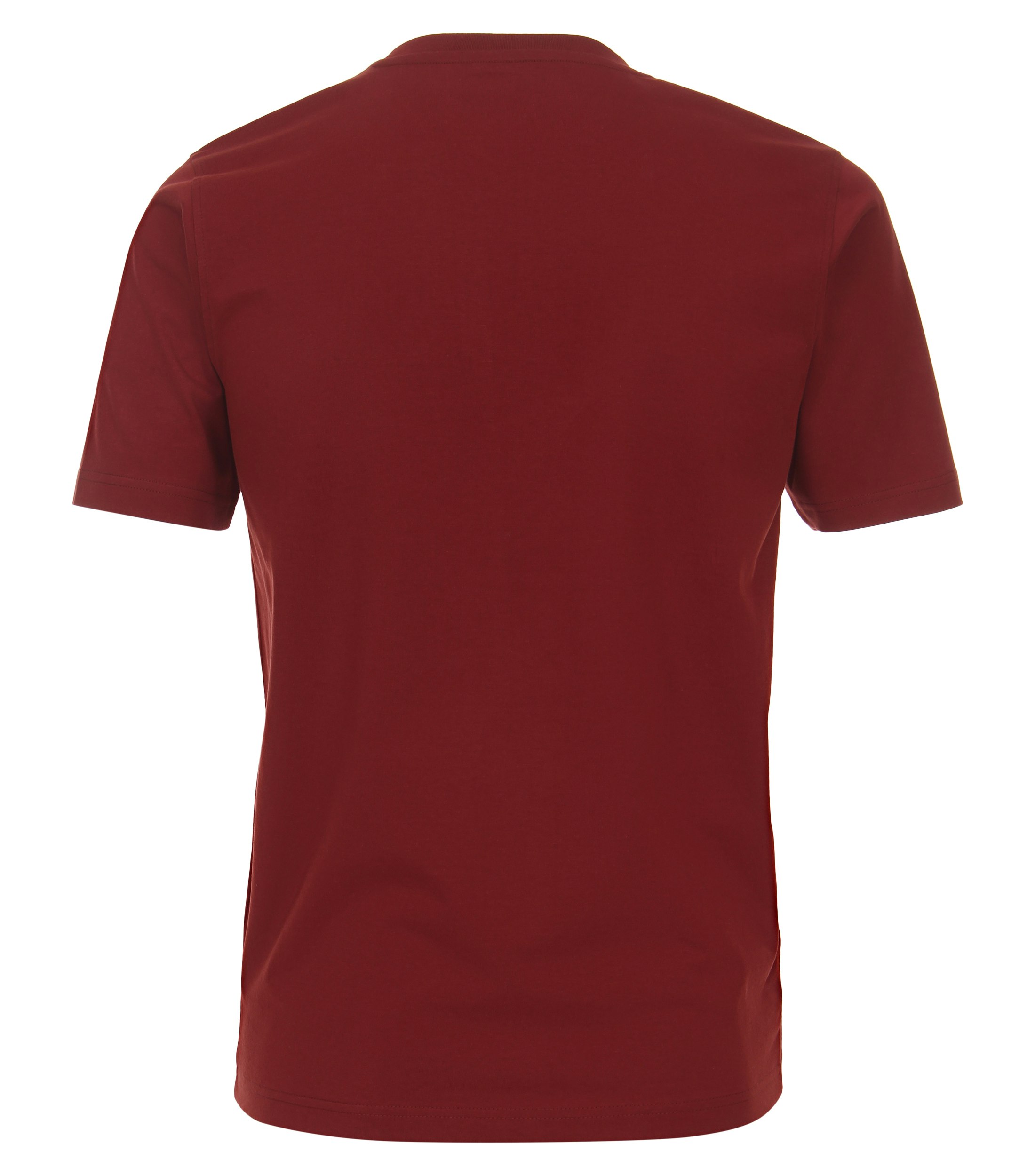 Das Model trägt ein TShirt im uni Muster in der Farbe Rot