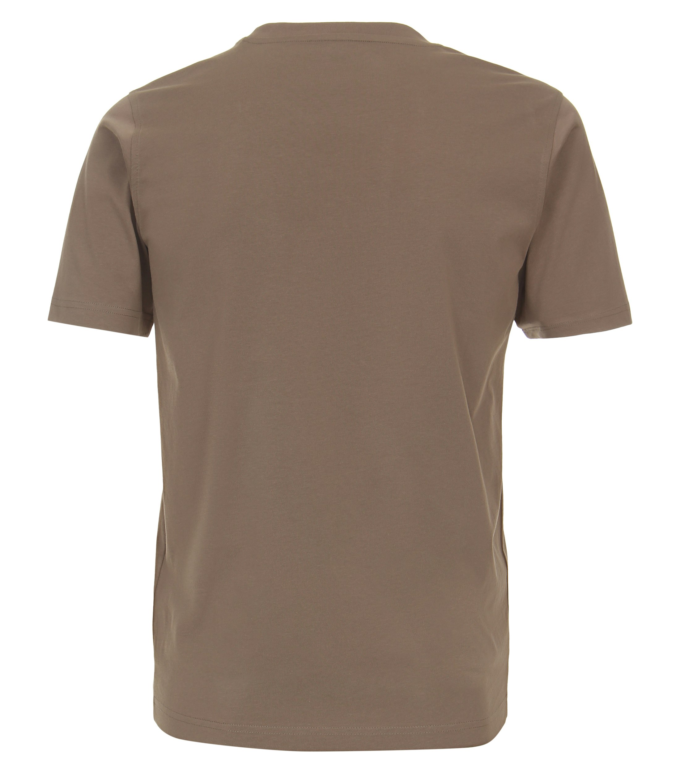Das Model trägt ein TShirt im uni Muster in der Farbe Beige