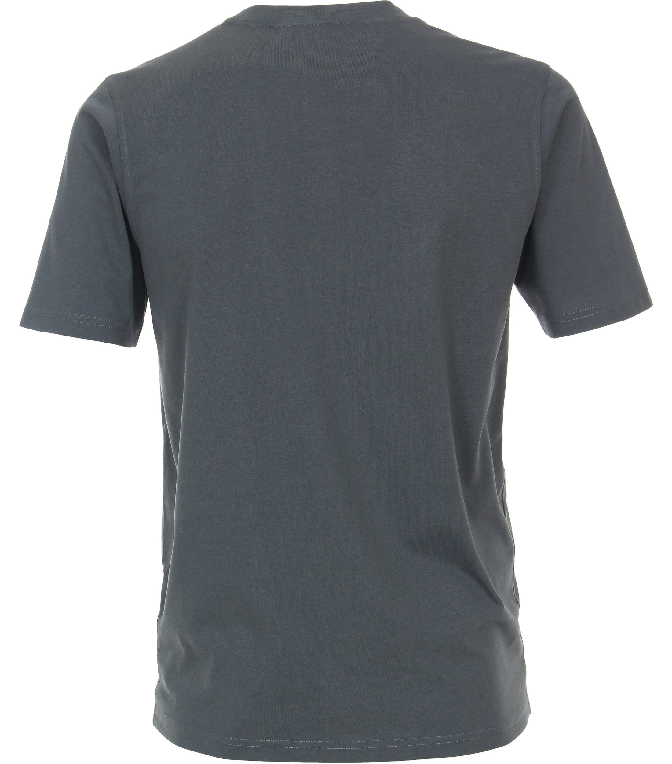 Das Model trägt ein TShirt im uni Muster in der Farbe Dunkelgrau