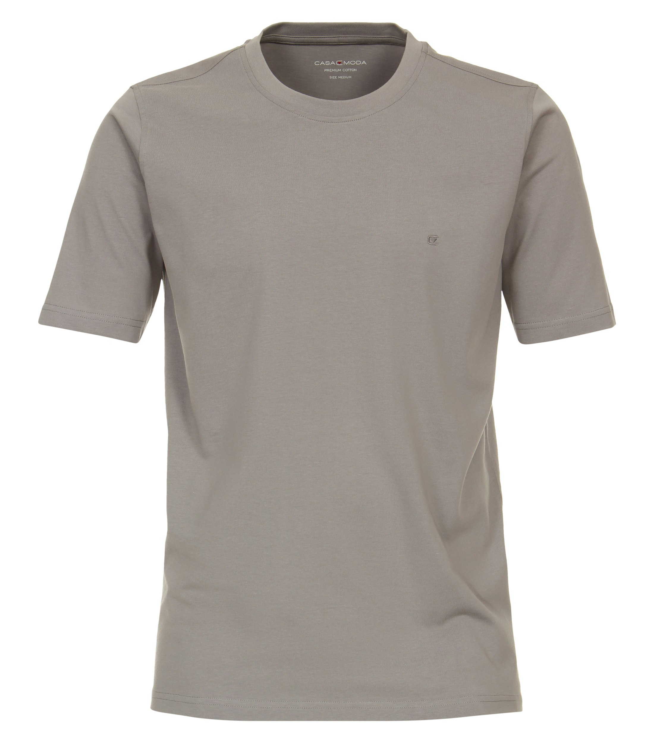 Das Model trägt ein TShirt im uni Muster in der Farbe Hellgrau