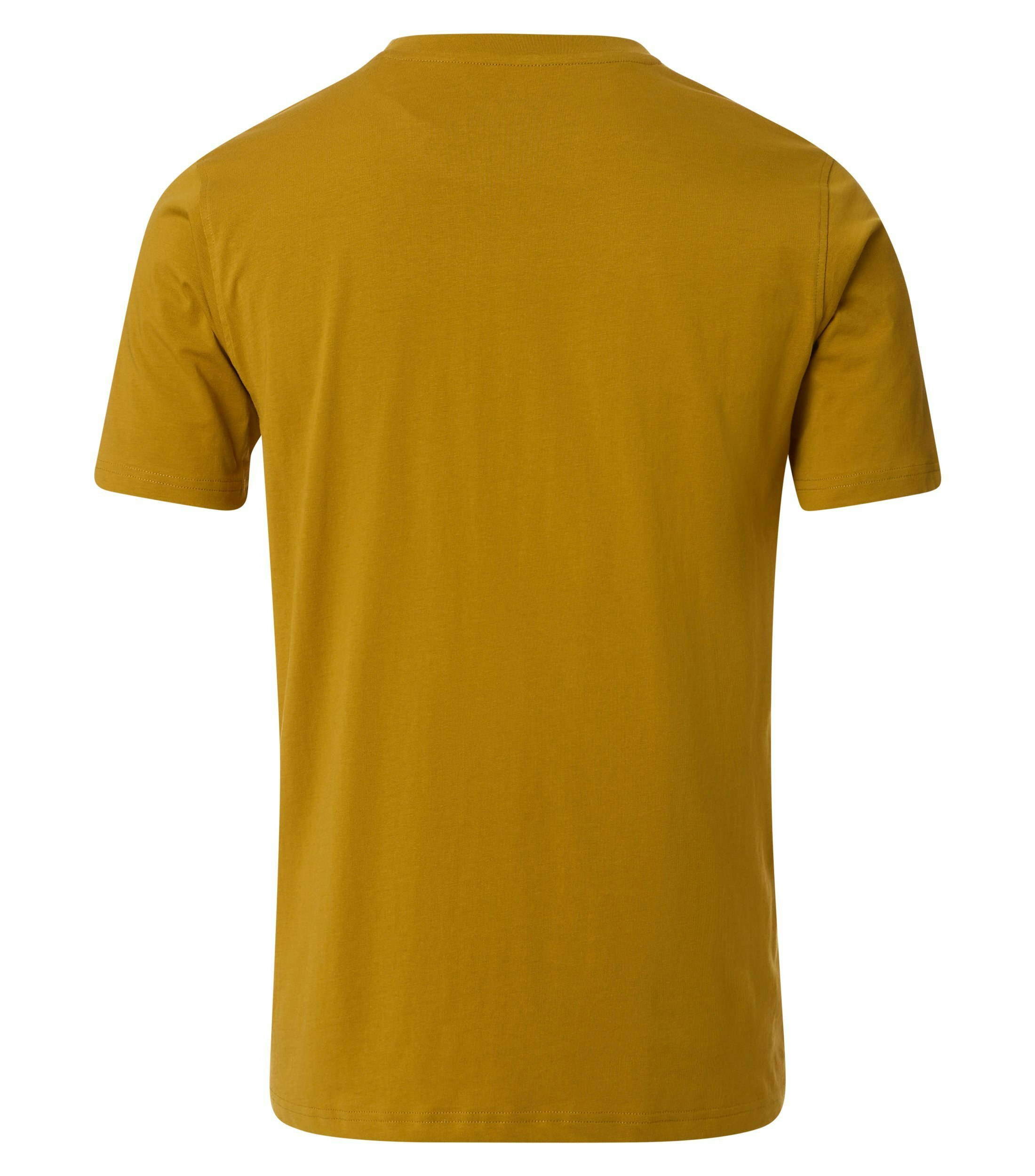 Das Model trägt ein TShirt im uni Muster in der Farbe Honiggelb