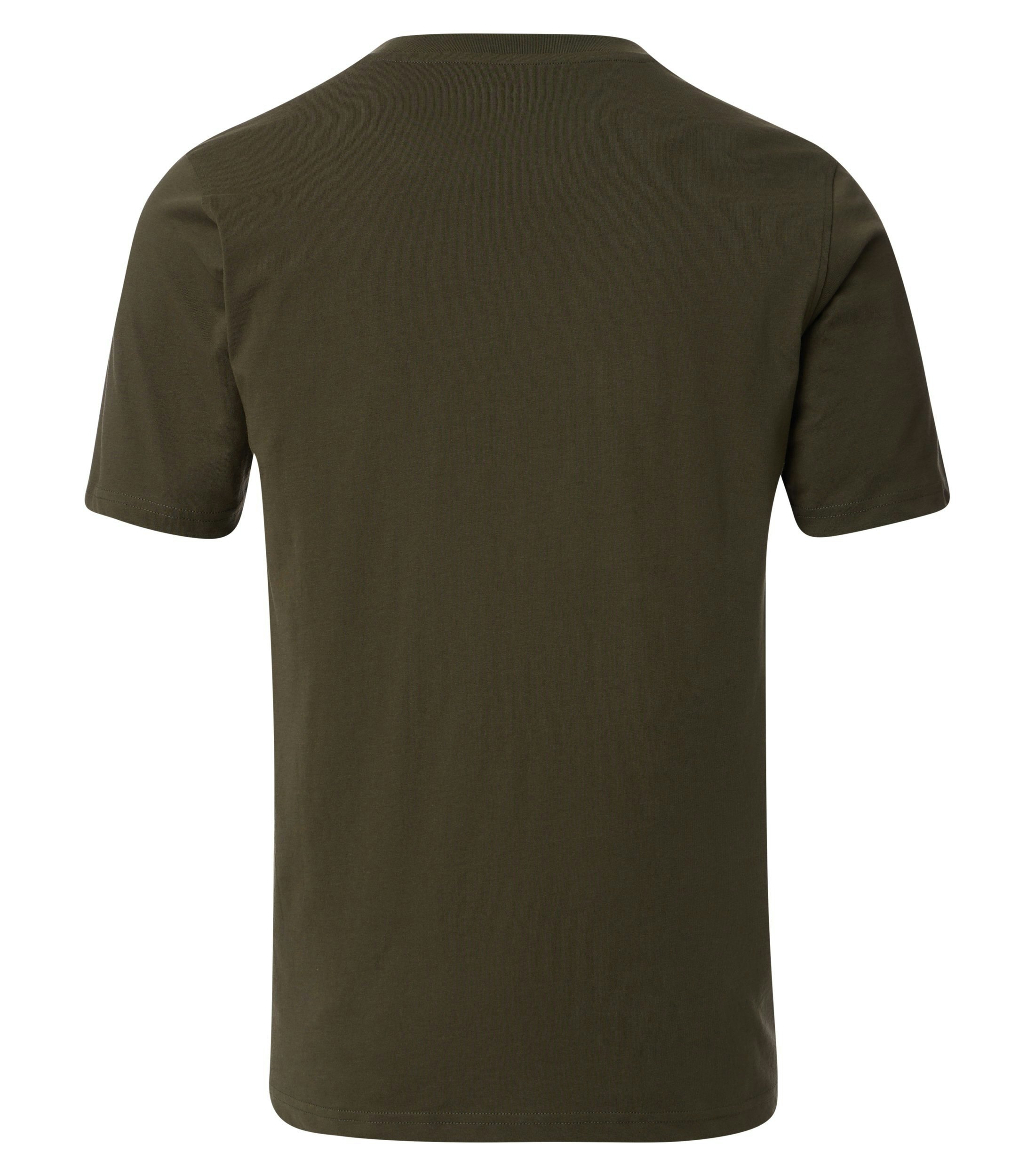 Das Model trägt ein TShirt im uni Muster in der Farbe  Dunkelgrün