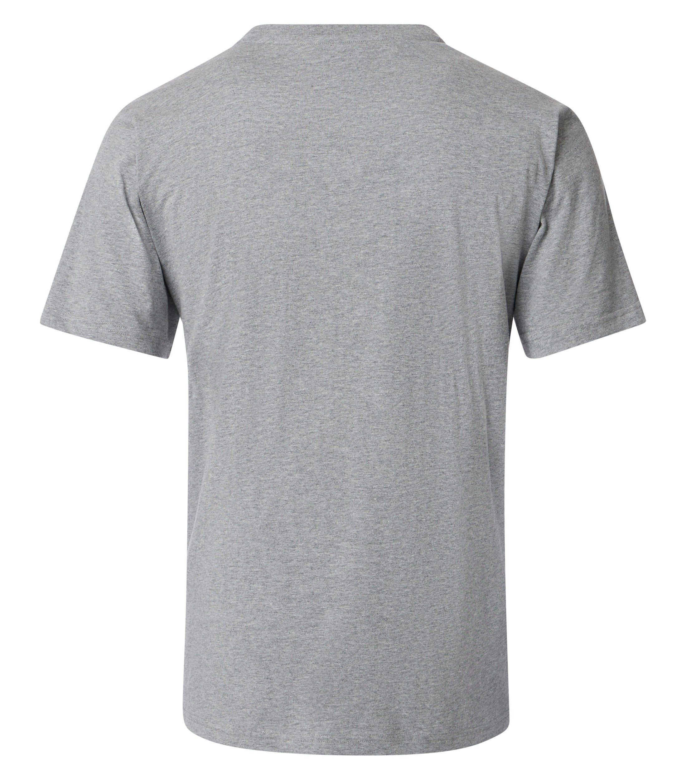 Das Model trägt ein TShirt im uni Muster in der Farbe  Grau