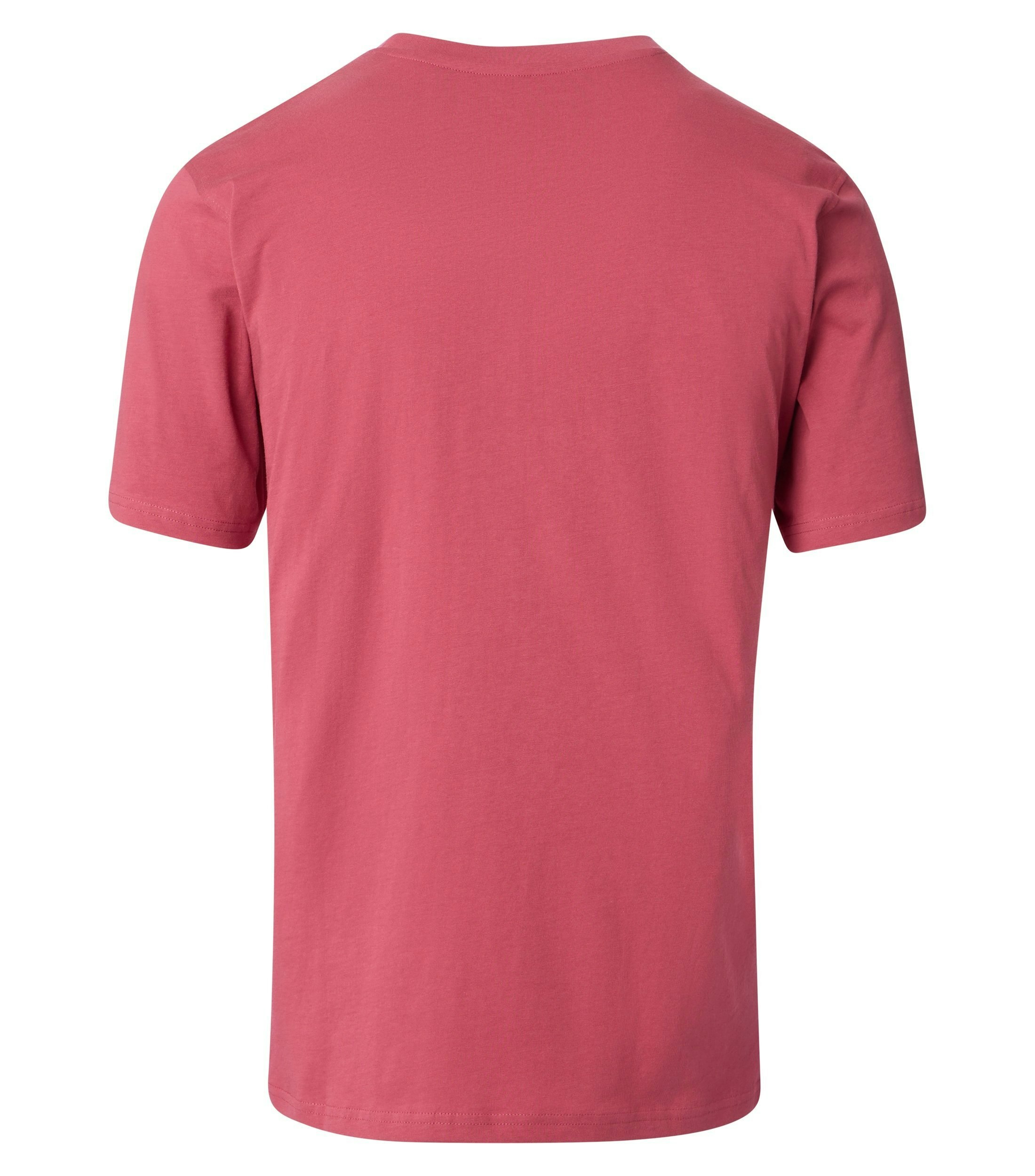 Das Model trägt ein TShirt im uni Muster in der Farbe Hellrot