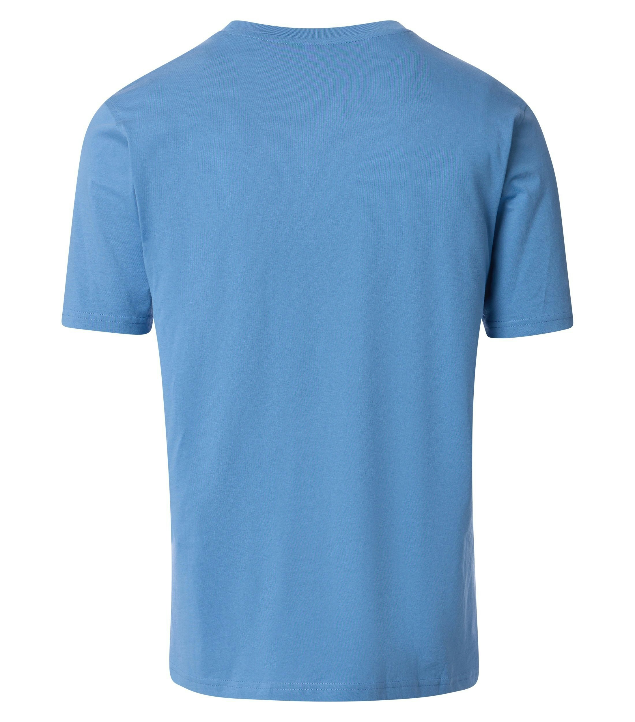 Das Model trägt ein TShirt im uni Muster in der Farbe  helles Himmelblau