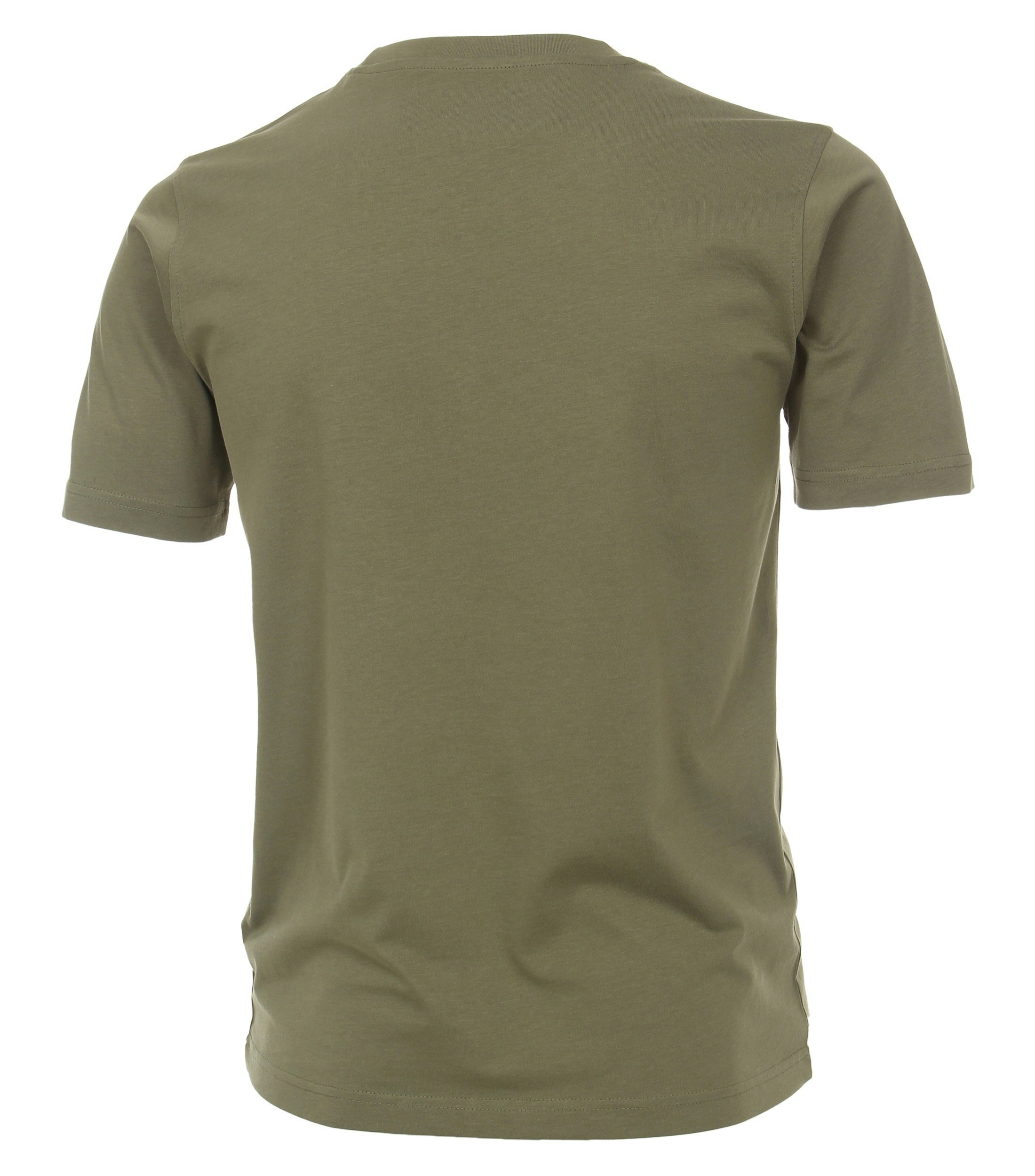 Das Model trägt ein TShirt im uni Muster in der Farbe Dunkelgrün