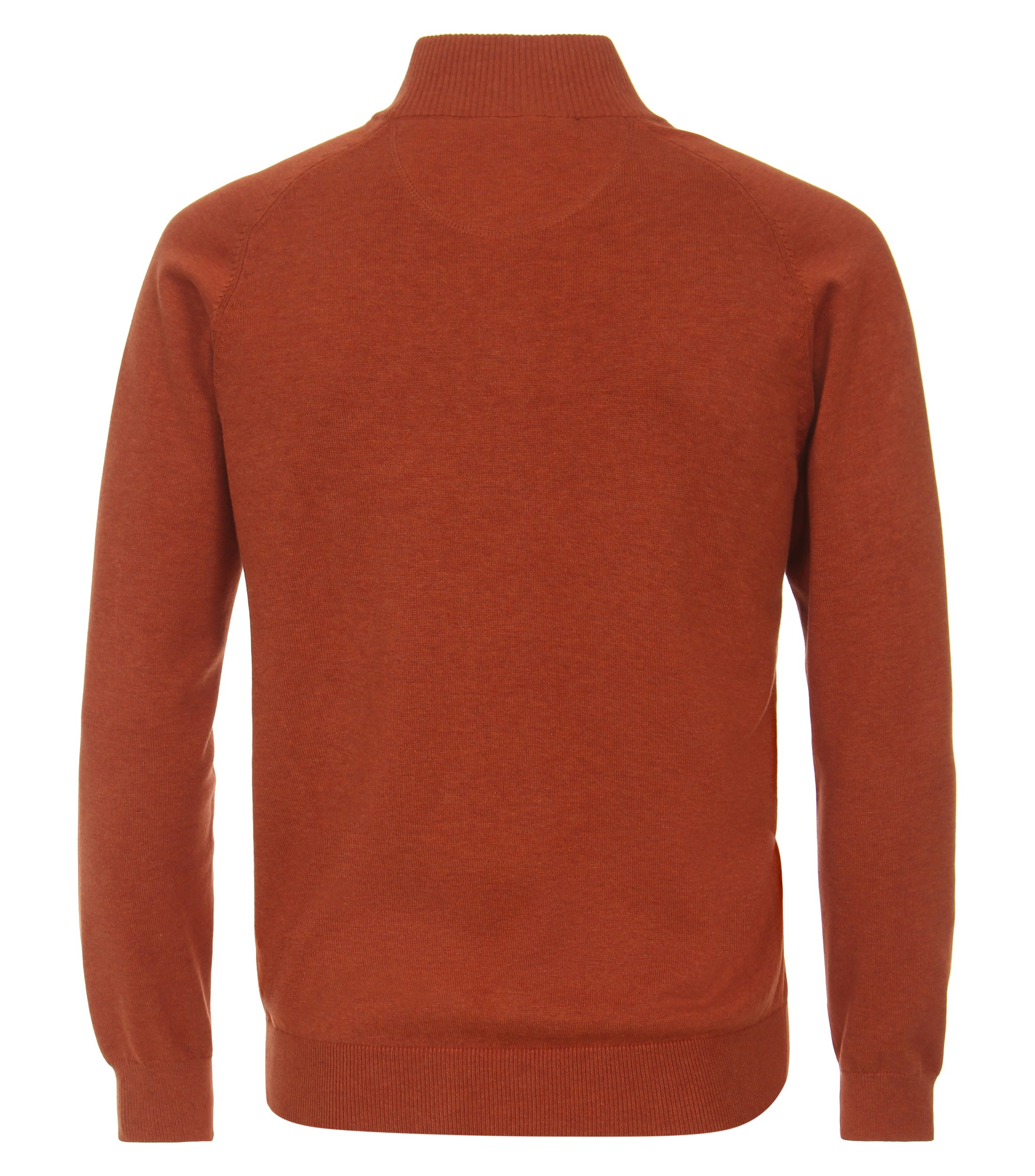 Das Model trägt eine Strickjacke im uni Muster in der Farbe Dunkelorange