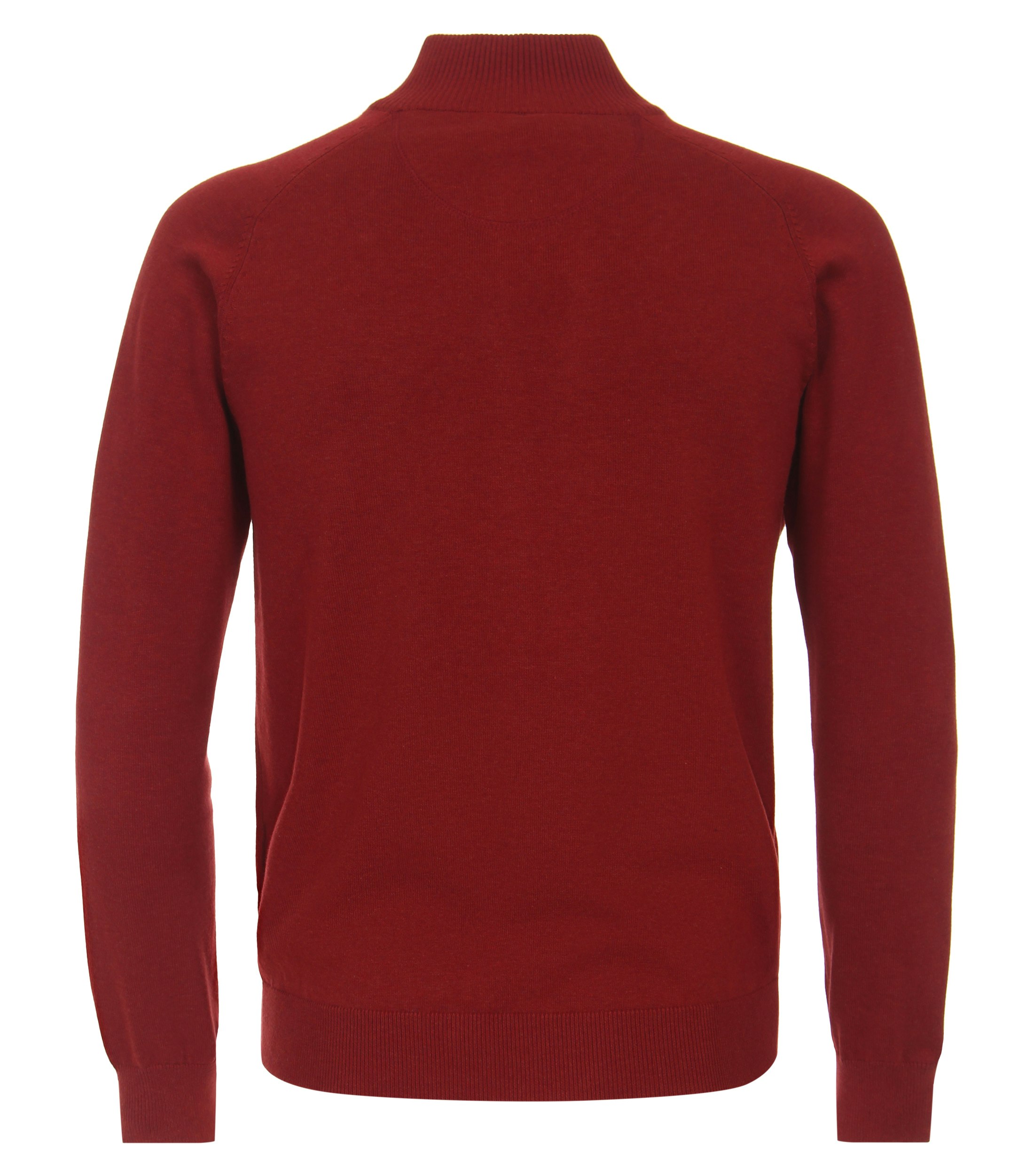 Das Model trägt eine Strickjacke im uni Muster in der Farbe Rot