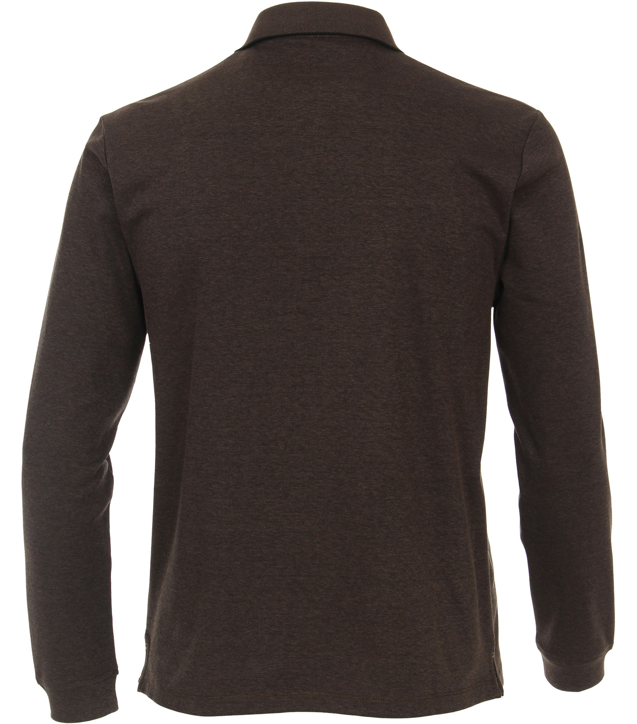 Das Model trägt ein PoloShirt im gestreift Muster in der Farbe Braun