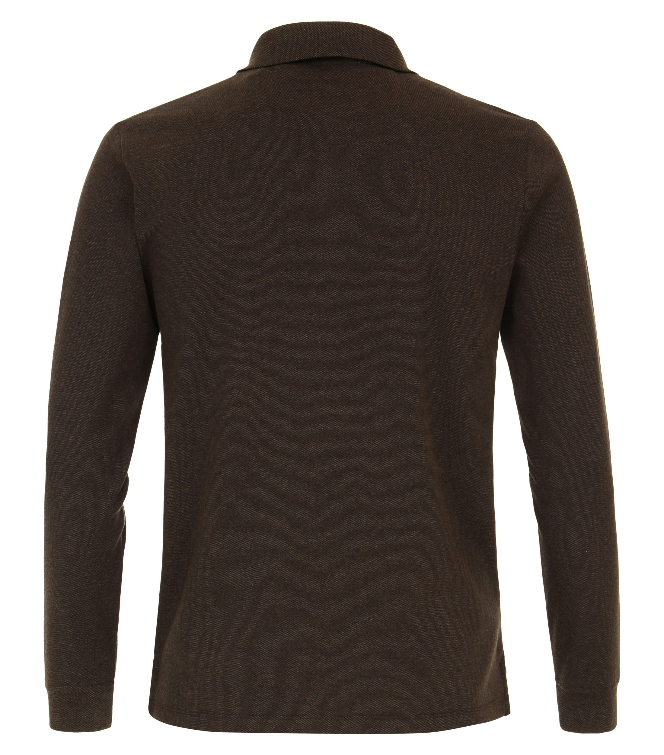 Das Model trägt ein PoloShirt im gestreift Muster in der Farbe Braun