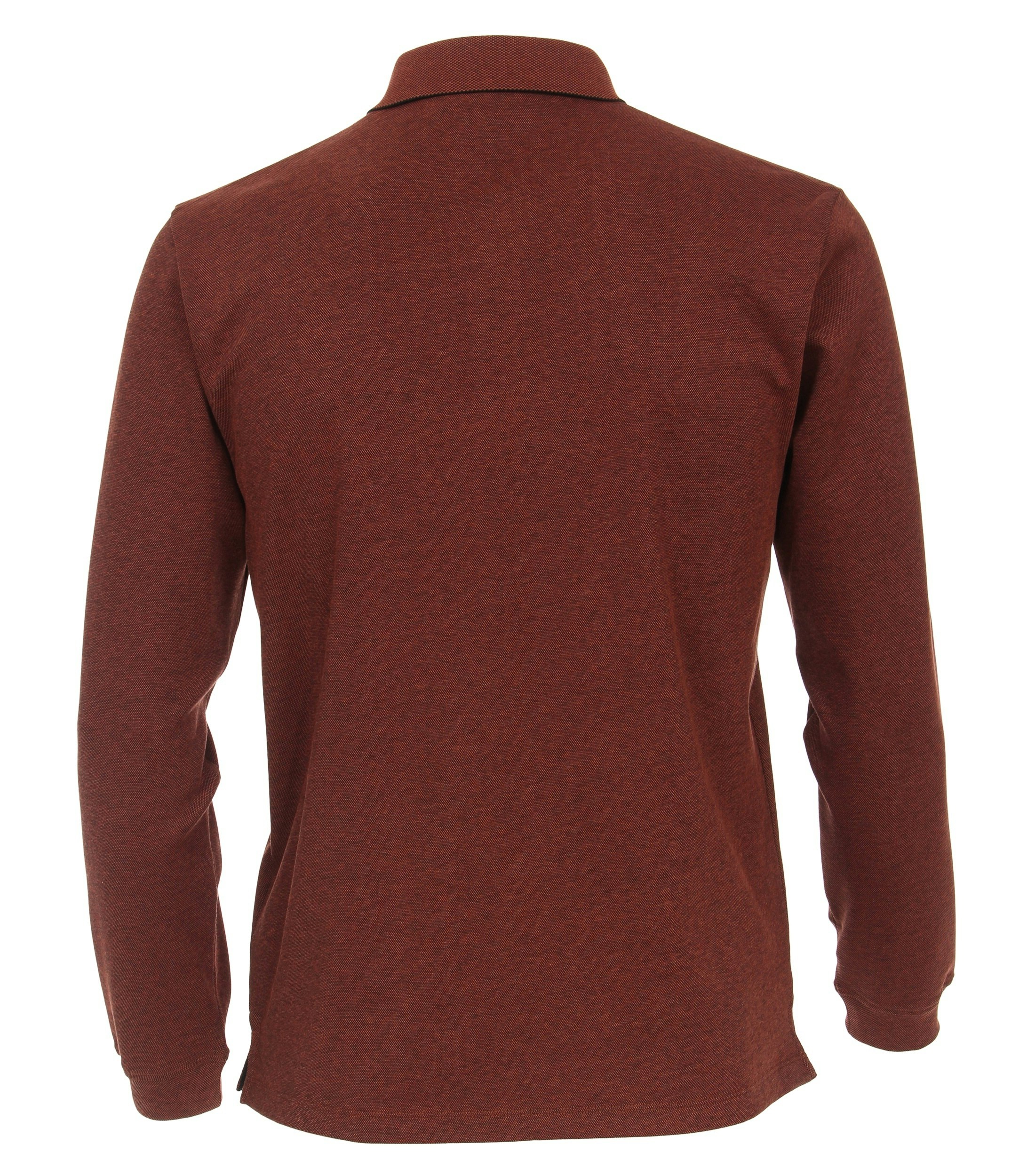 Das Model trägt ein PoloShirt im gestreift Muster in der Farbe Dunkelorange