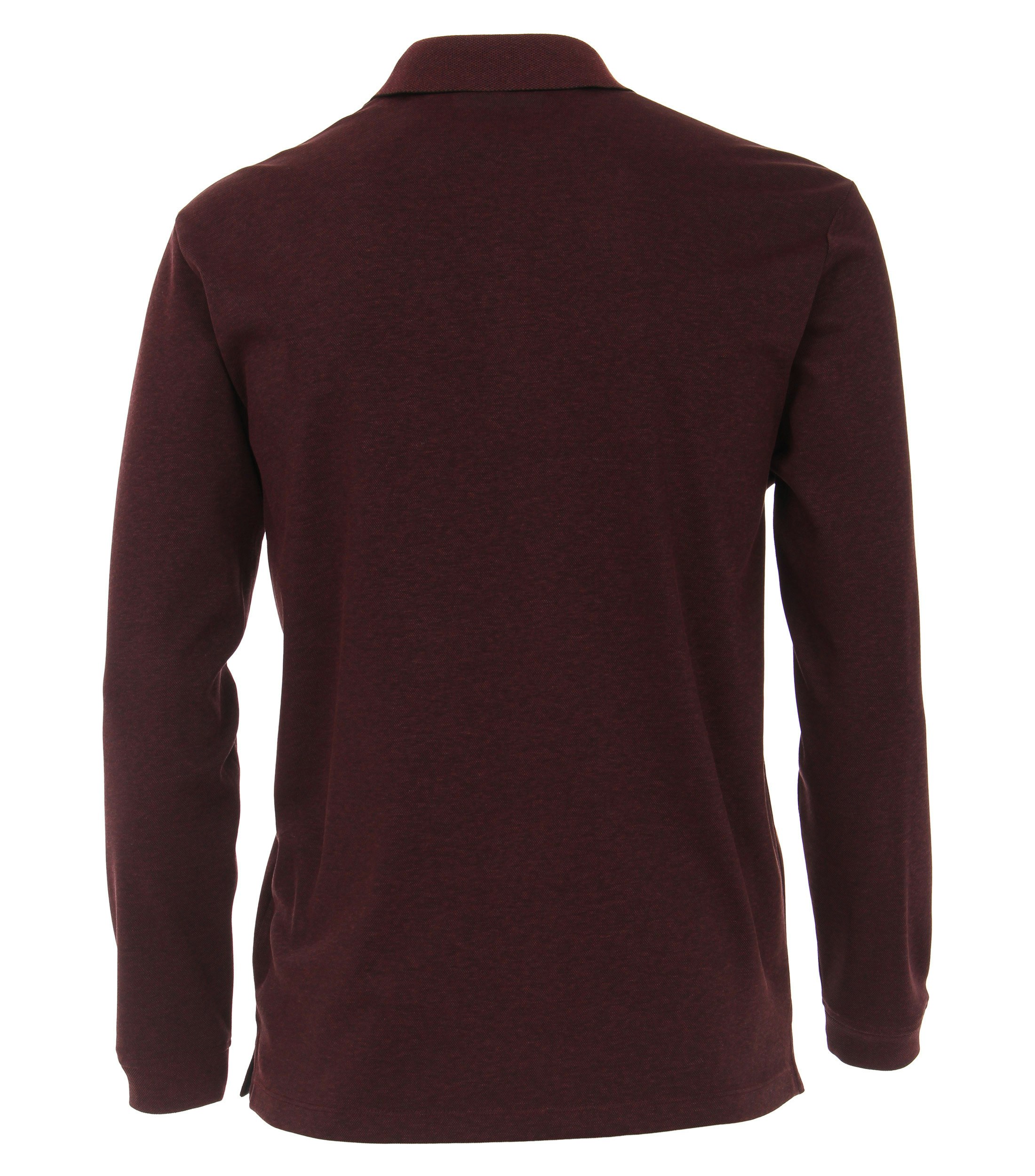 Das Model trägt ein PoloShirt im gestreift Muster in der Farbe Dunkelrot