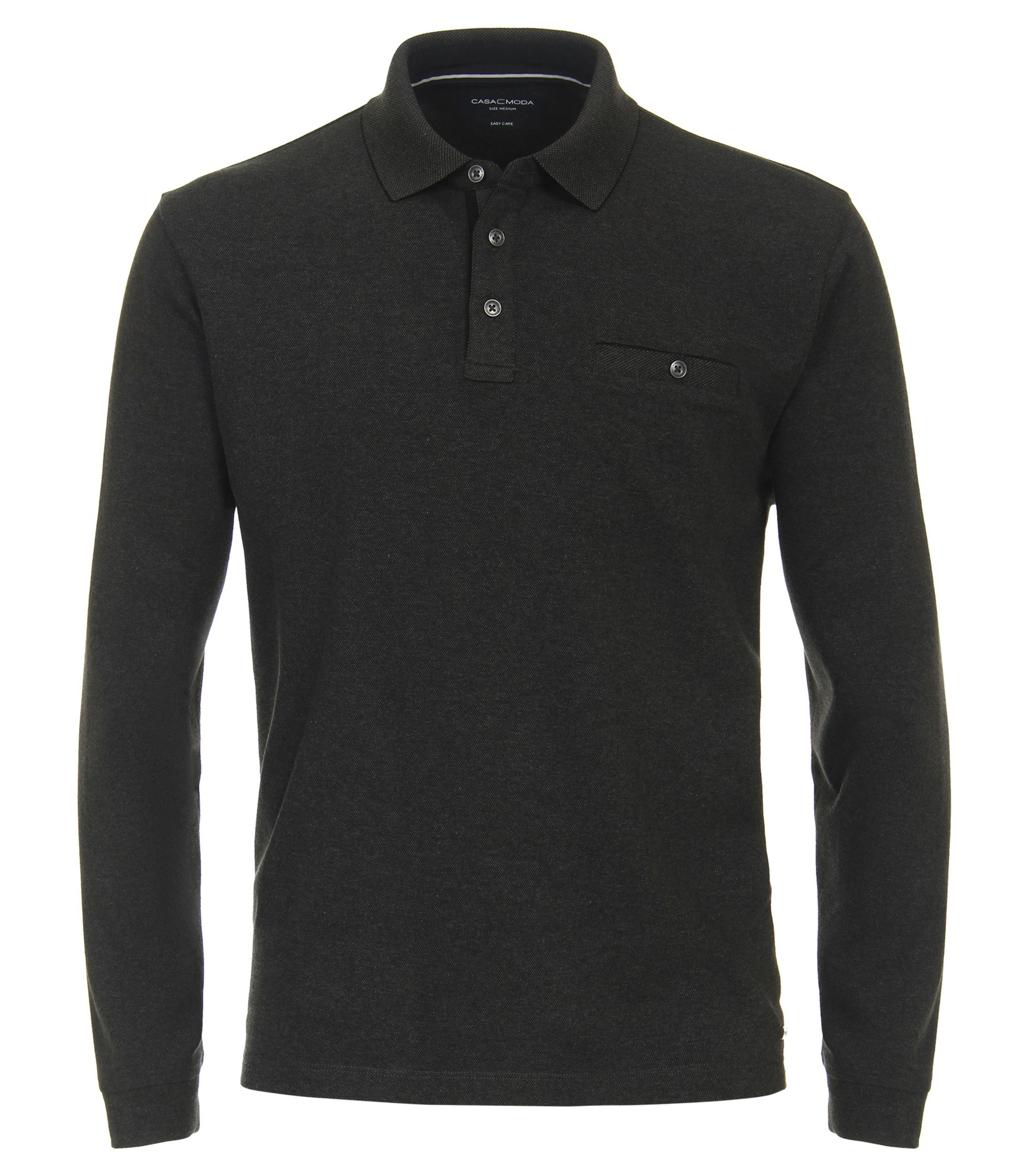 Das Model trägt ein PoloShirt im gestreift Muster in der Farbe Dunkelgrau