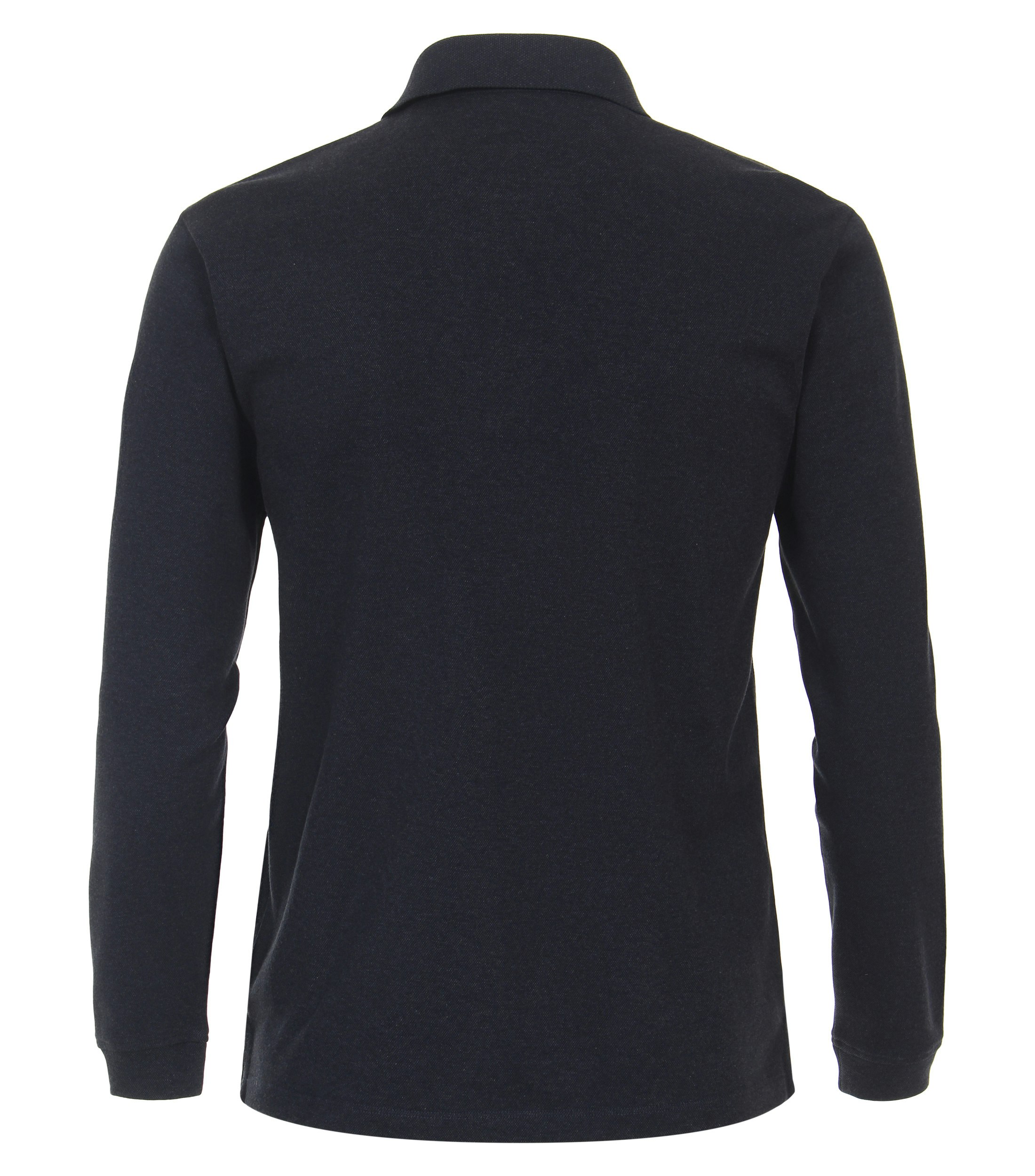 Das Model trägt ein PoloShirt im gestreift Muster in der Farbe Dunkelblau