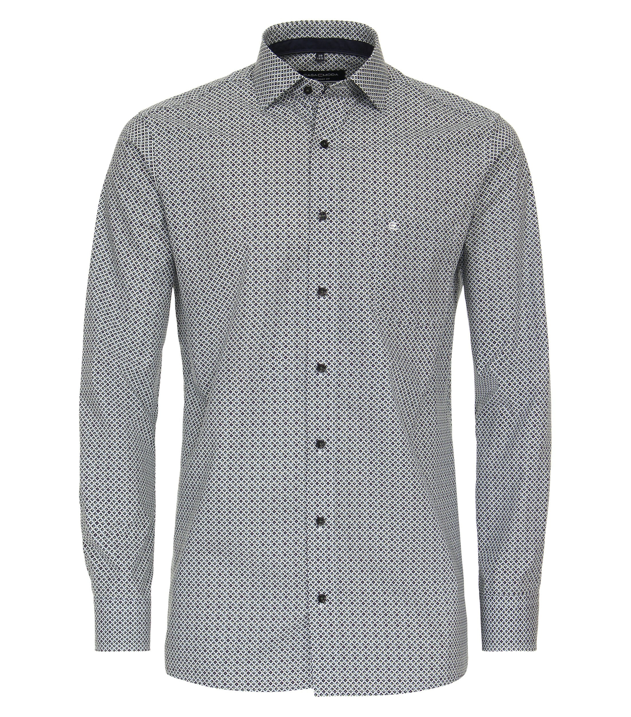 Das Model trägt ein Businesshemd im Print Muster in der Farbe Olive