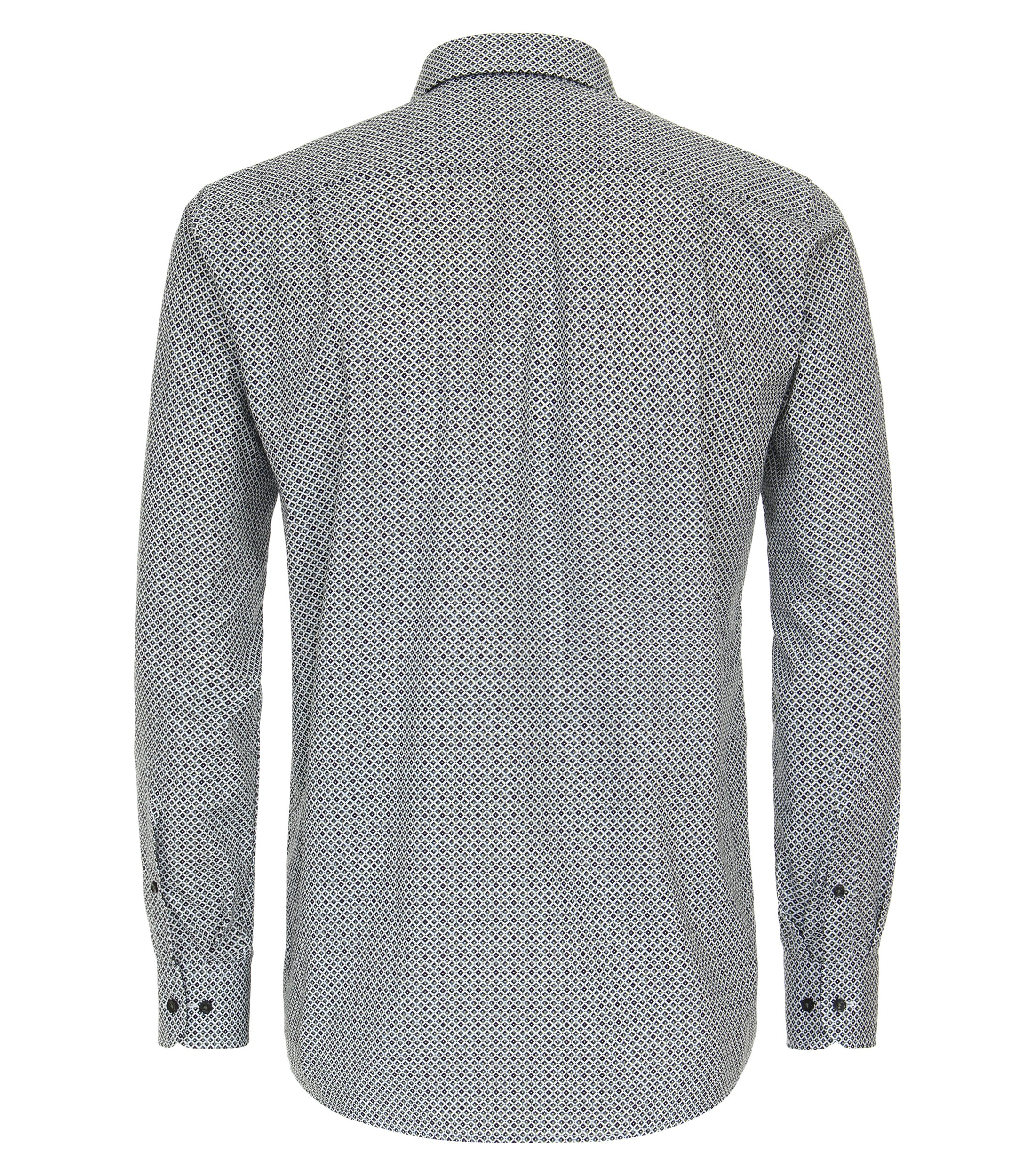 Das Model trägt ein Businesshemd im Print Muster in der Farbe Olive