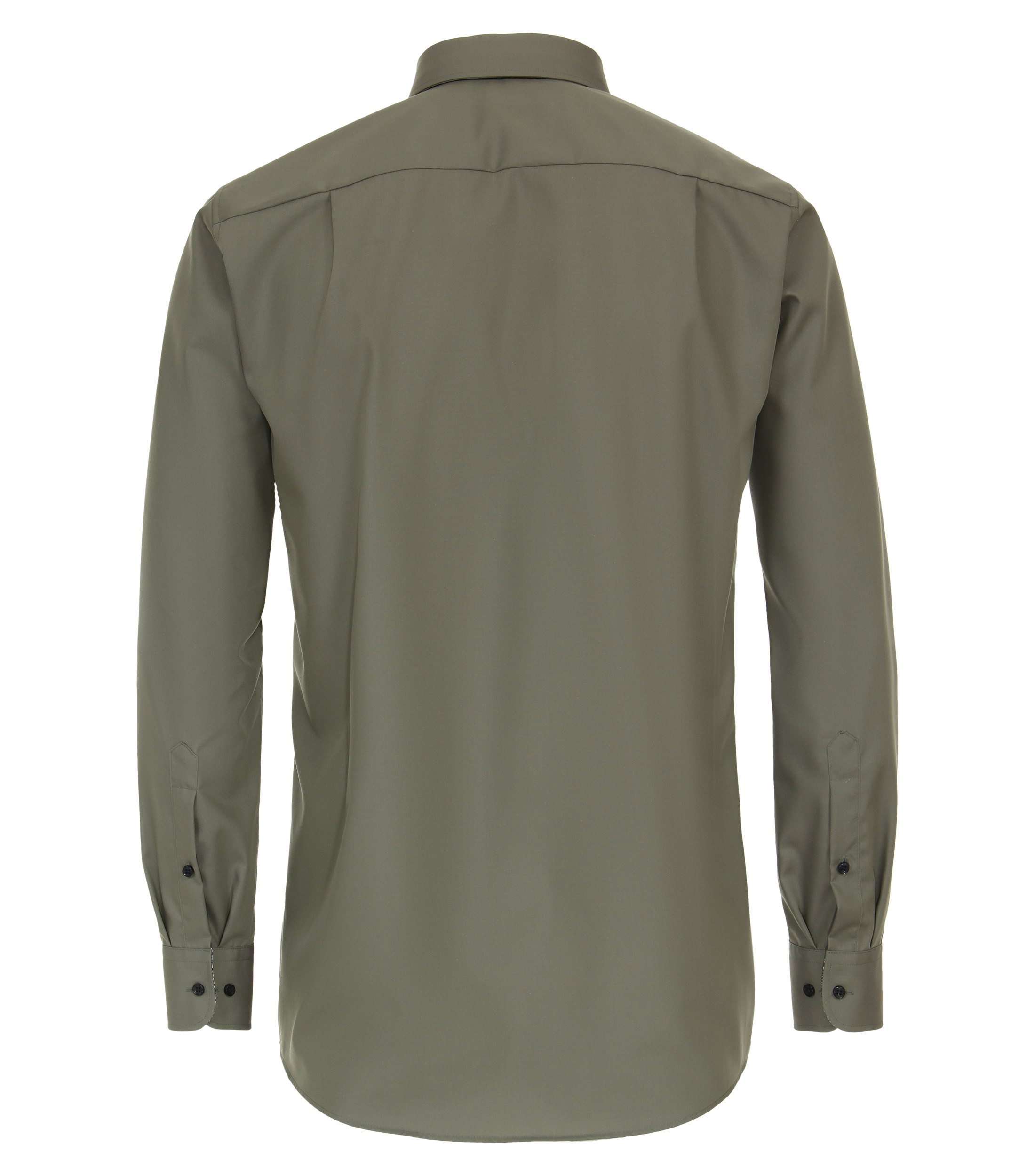 Das Model trägt ein Businesshemd im uni Muster in der Farbe Olive