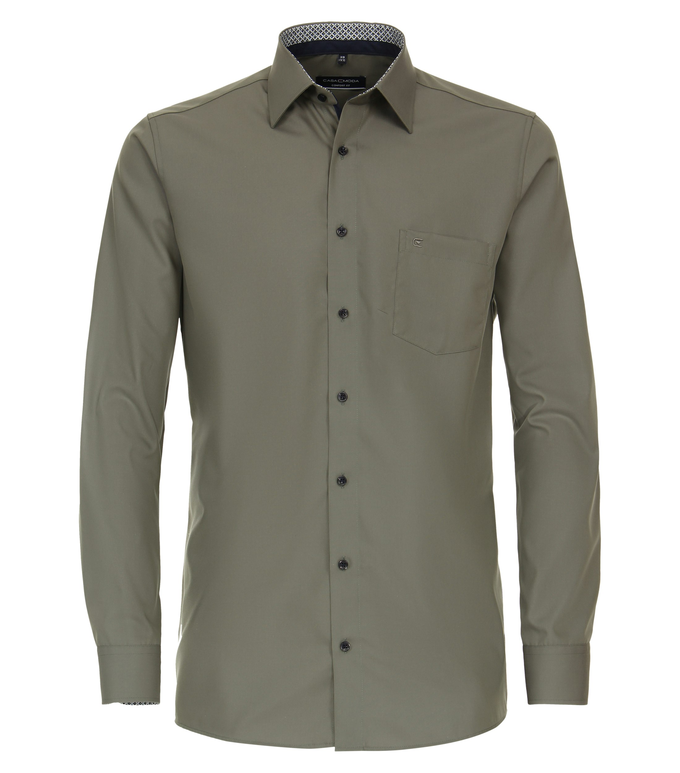 Das Model trägt ein Businesshemd im uni Muster in der Farbe Olive