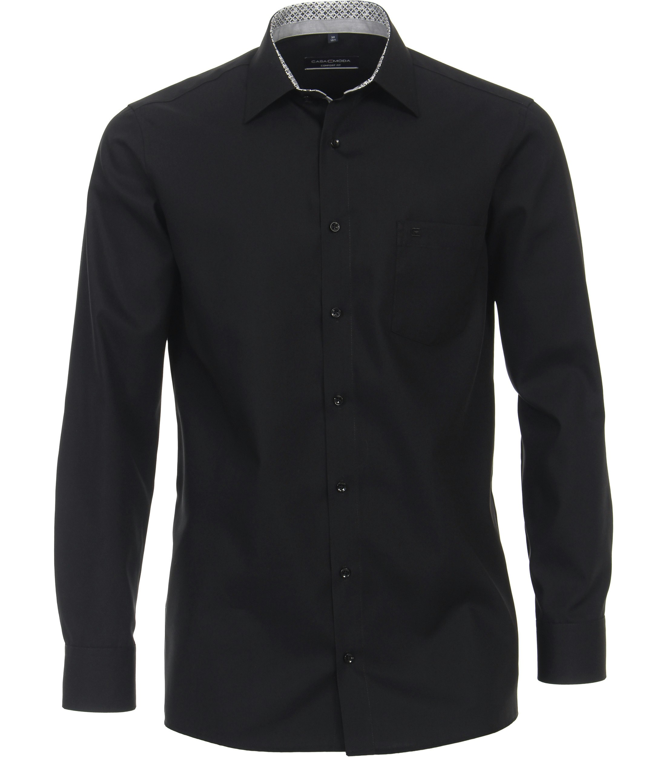 Das Model trägt ein Businesshemd im uni Muster in der Farbe Schwarz