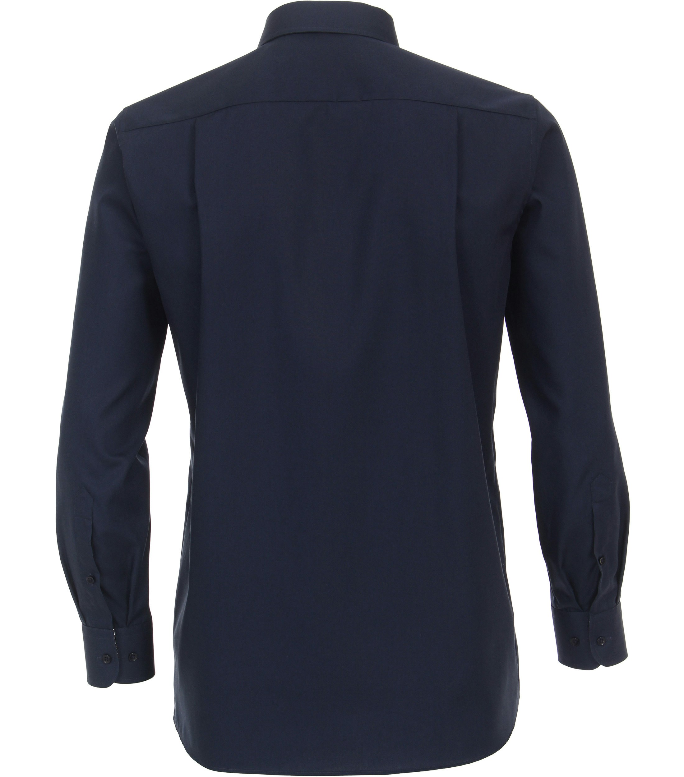 Das Model trägt ein Businesshemd im uni Muster in der Farbe Dunkelblau